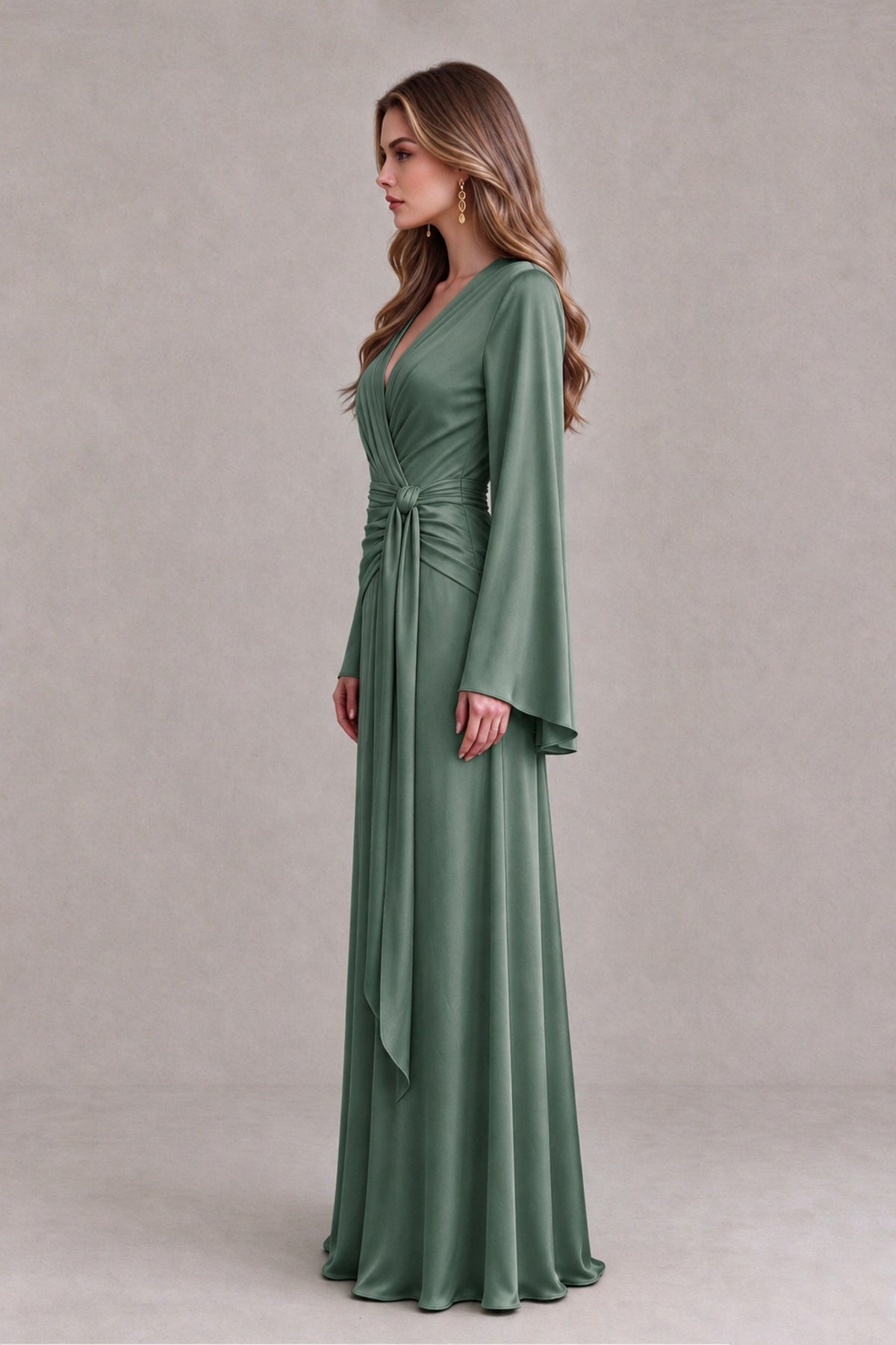 BOLODOO Eucalyptus Yellow Satin-Look V-Neck Long Bell Sleeve Evening Dress - Eucalyptus - Eucalyptus_4