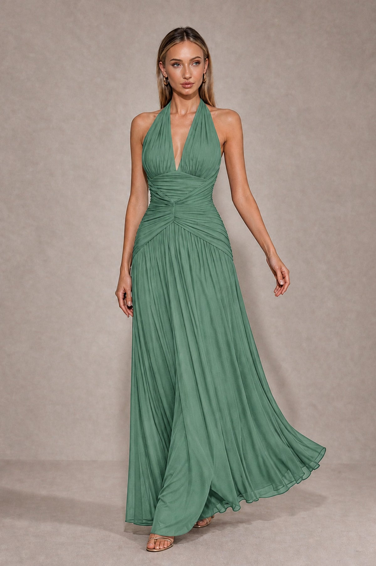 BOLODOO Eucalyptus Chiffon Halter Deep V-Neck Ruched A-Line Backless Maxi Dress with Train-BD0167 - Eucalyptus - Eucalyptus_4