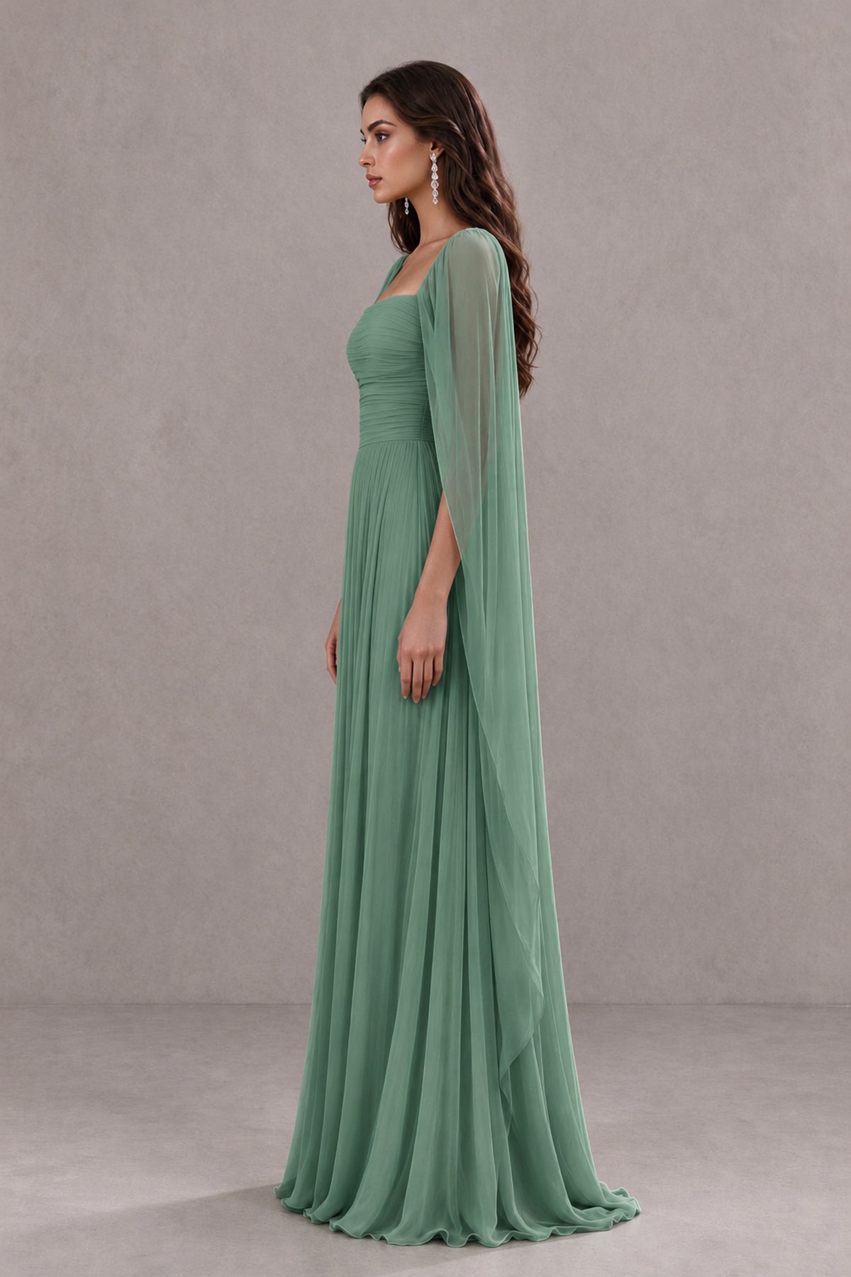 BOLODOO Eucalyptus Square Neck Cape Sleeve A-Line Evening Dress - Eucalyptus - Eucalyptus_4