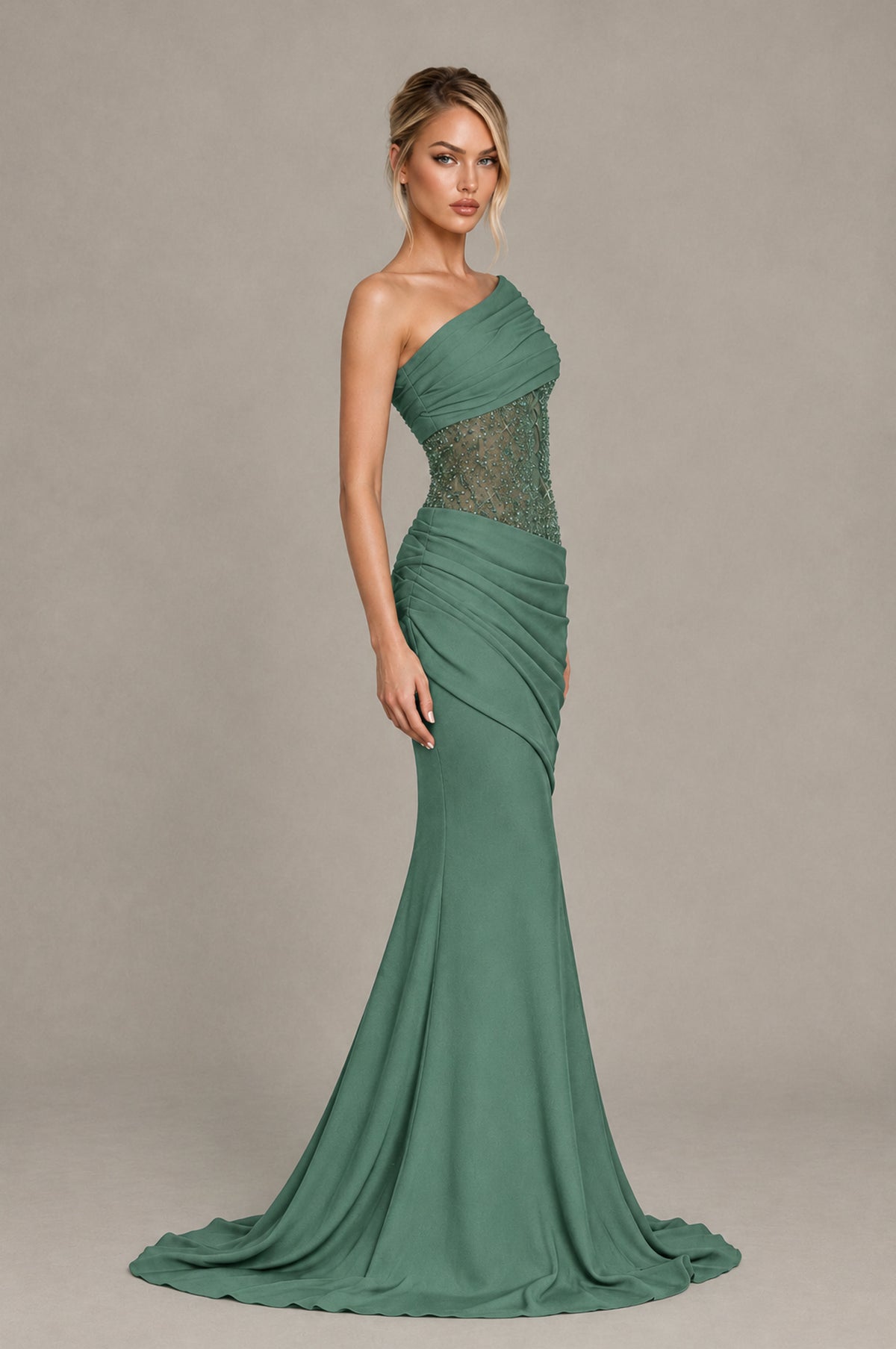 BOLODOO Eucalyptus One-Shoulder Sequin Embroidered Ruched Mermaid Gown with Train - Eucalyptus - Eucalyptus_4