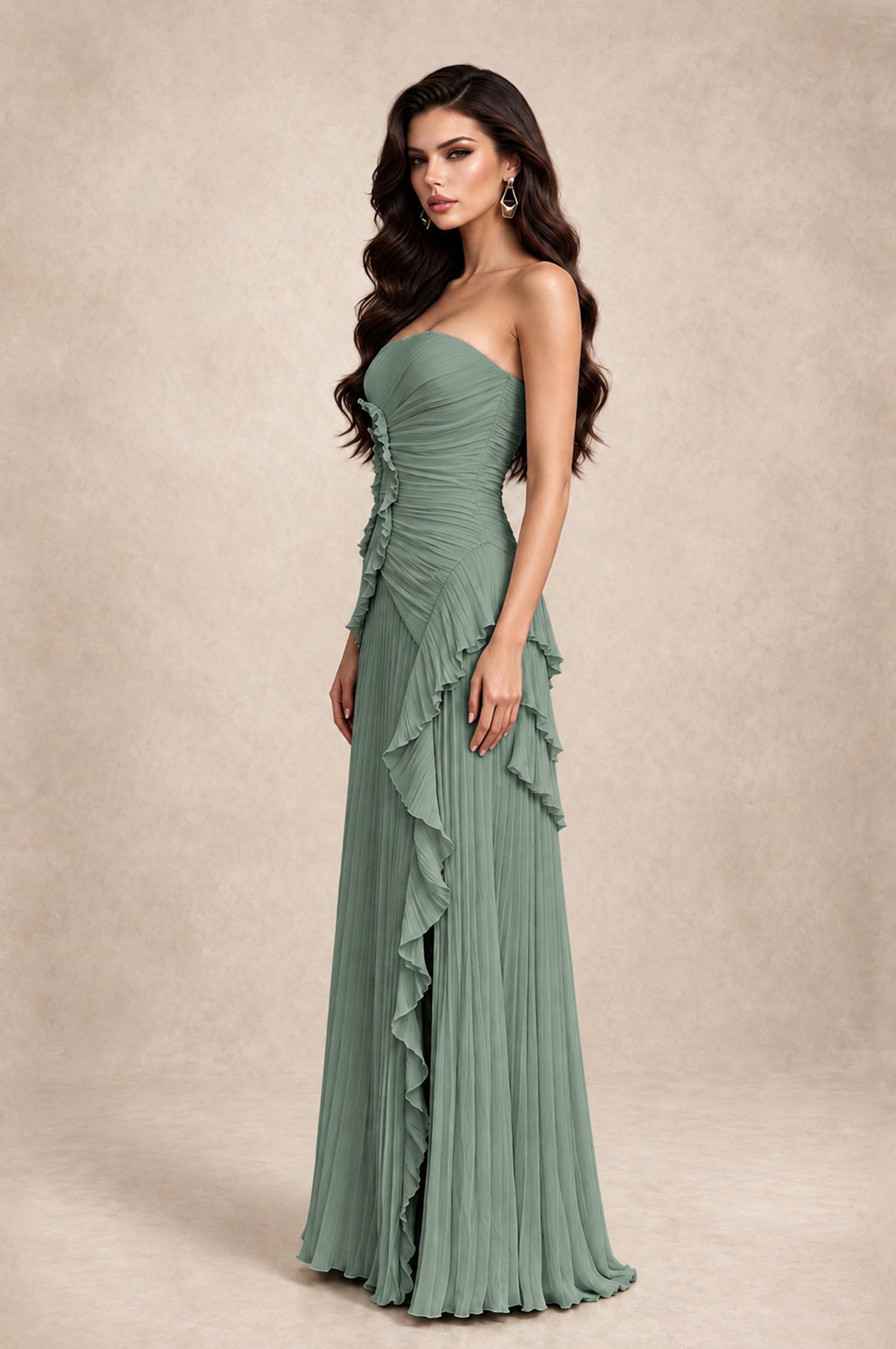 BOLODOO Eucalyptus Strapless Ruffle Pleated Slit Evening Gown - Eucalyptus - Eucalyptus_4