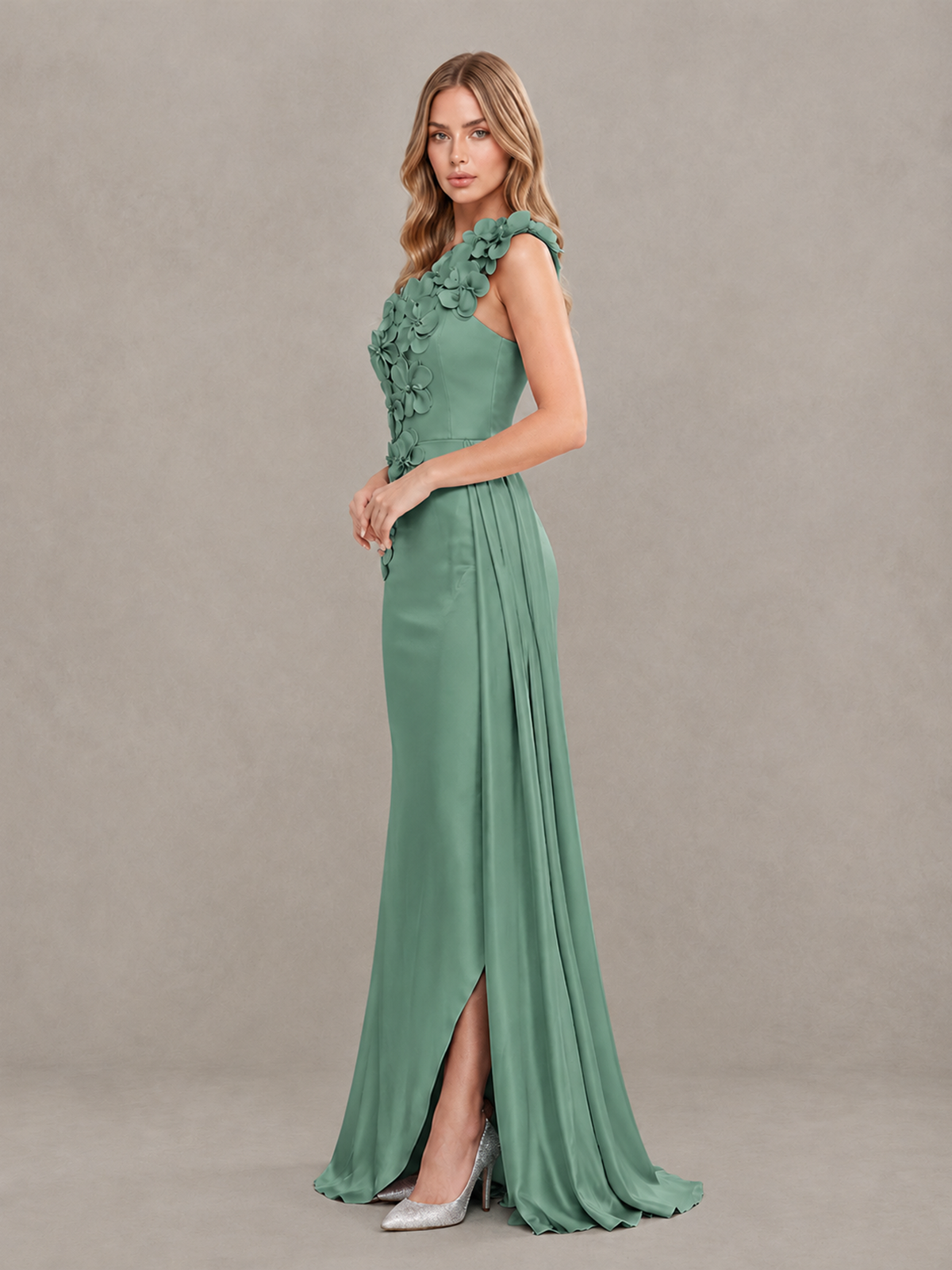 BOLODOO Eucalyptus One-Shoulder Satin Mermaid Evening Gown with 3D Floral Appliqué - Eucalyptus - Eucalyptus_4
