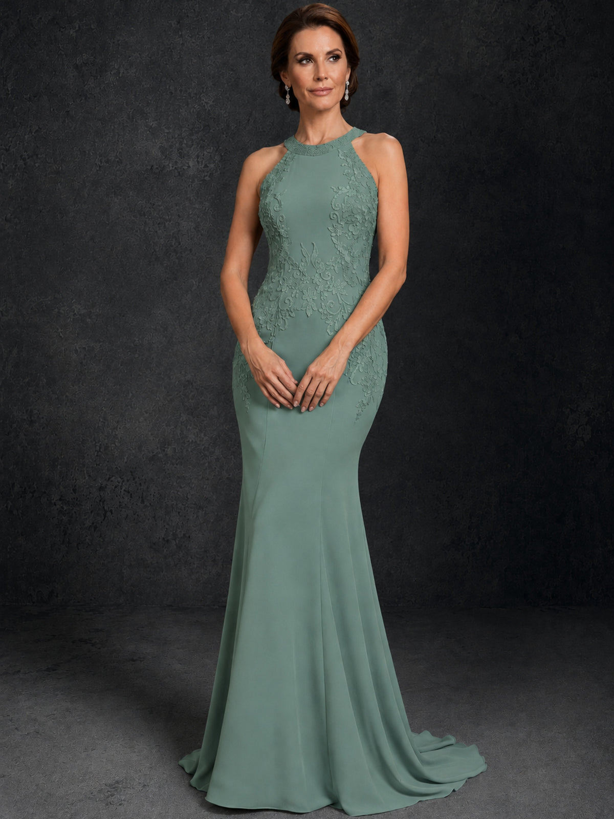 BOLODOO Eucalyptus Lace Applique Halter Neck Sheer Back Mermaid Maxi Dress with Sweep Train - Eucalyptus