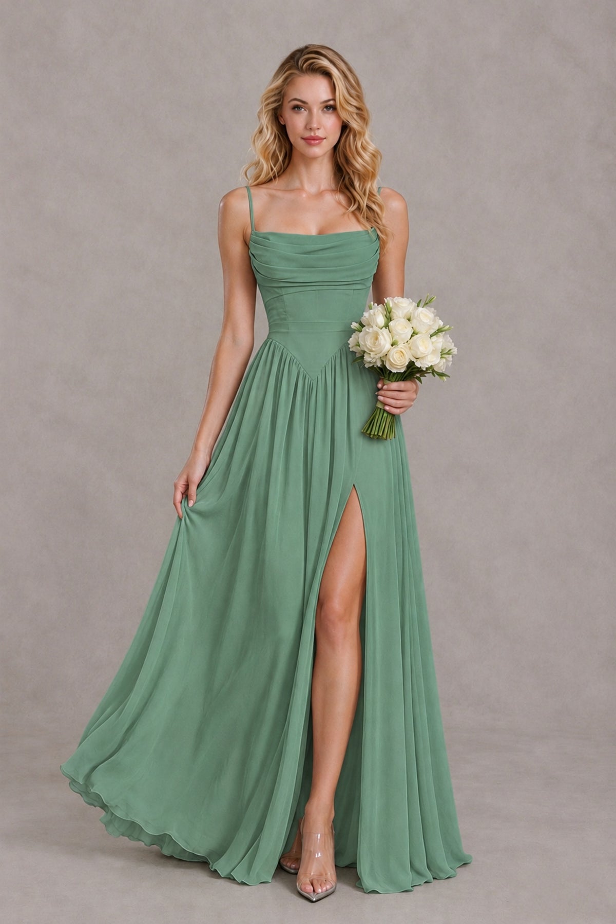 BOLODOO Eucalyptus Spaghetti Strap A-Line Bridesmaid Dress with Slit - Eucalyptus - Eucalyptus_4