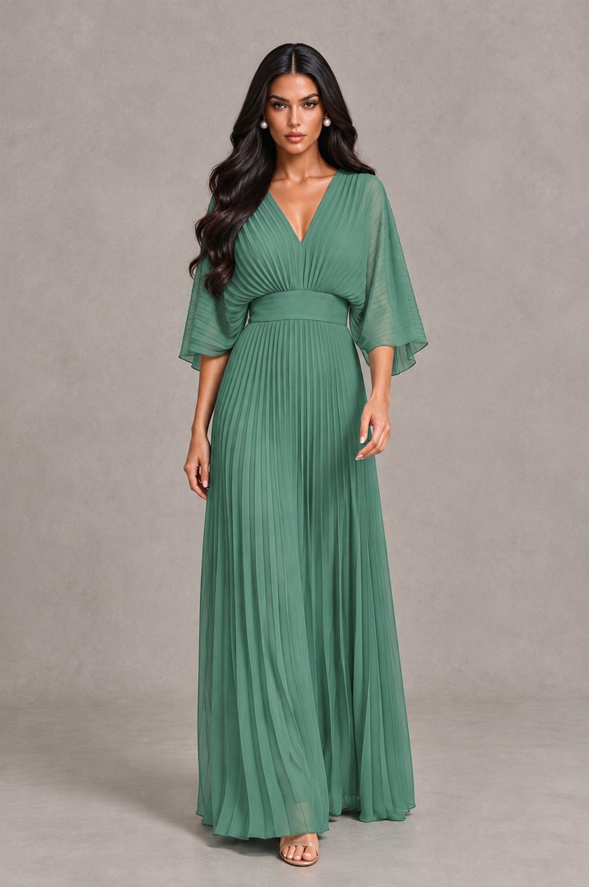 BOLODOO Eucalyptus V-Neck Pleated Flutter Sleeve Formal Dress - Eucalyptus - Eucalyptus_4