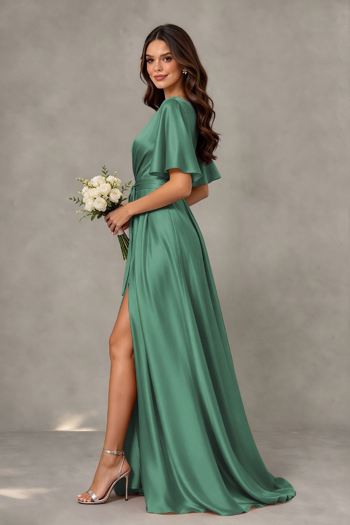 BOLODOO Eucalyptus Satin V-Neck Flutter Sleeve Bridesmaid Dress with Slit - Eucalyptus - Eucalyptus(4)
