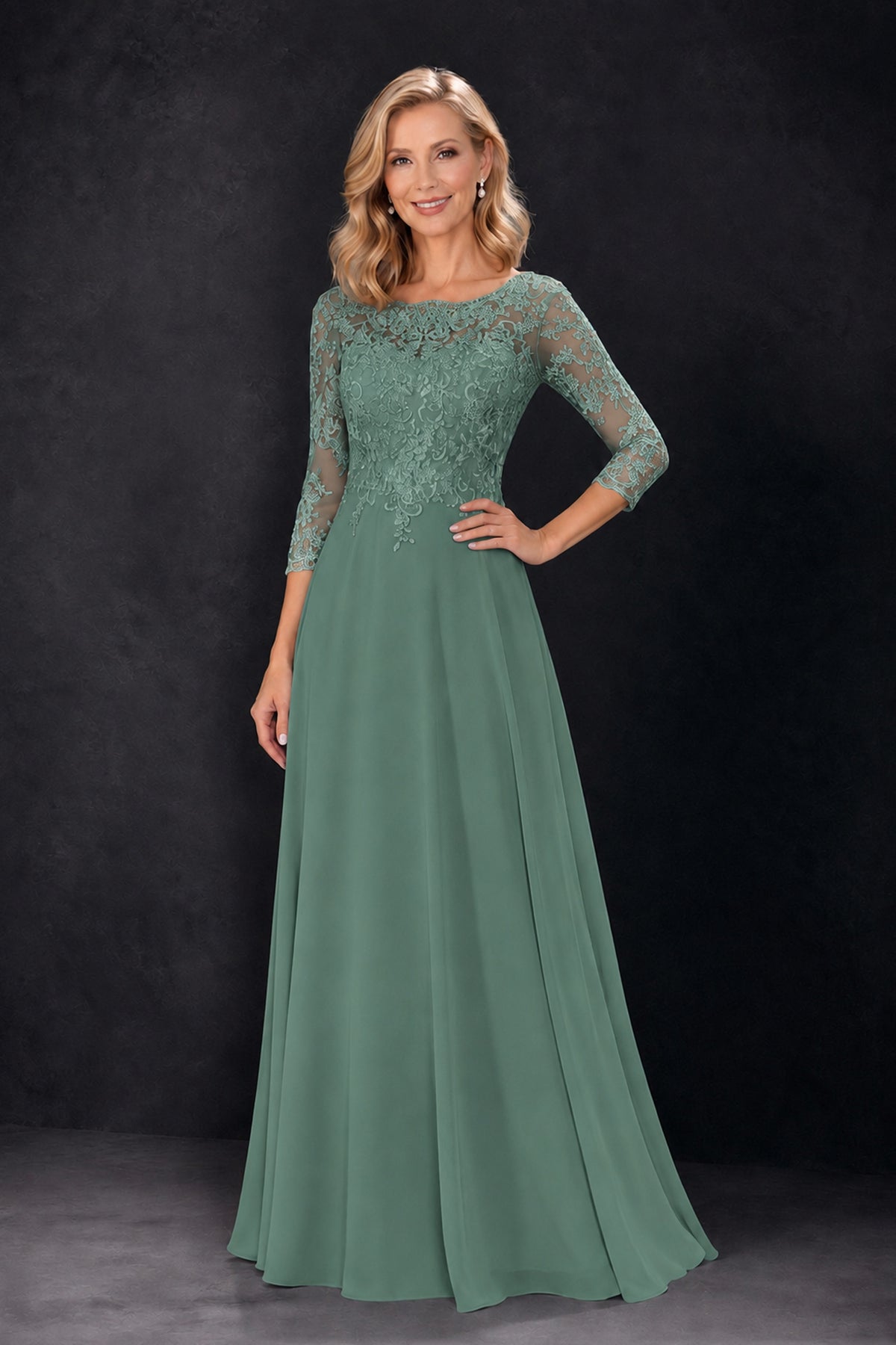 BOLODOO Eucalyptus Lace Embroidered Mother of the Bride Dress with 3/4 Sleeves - Eucalyptus