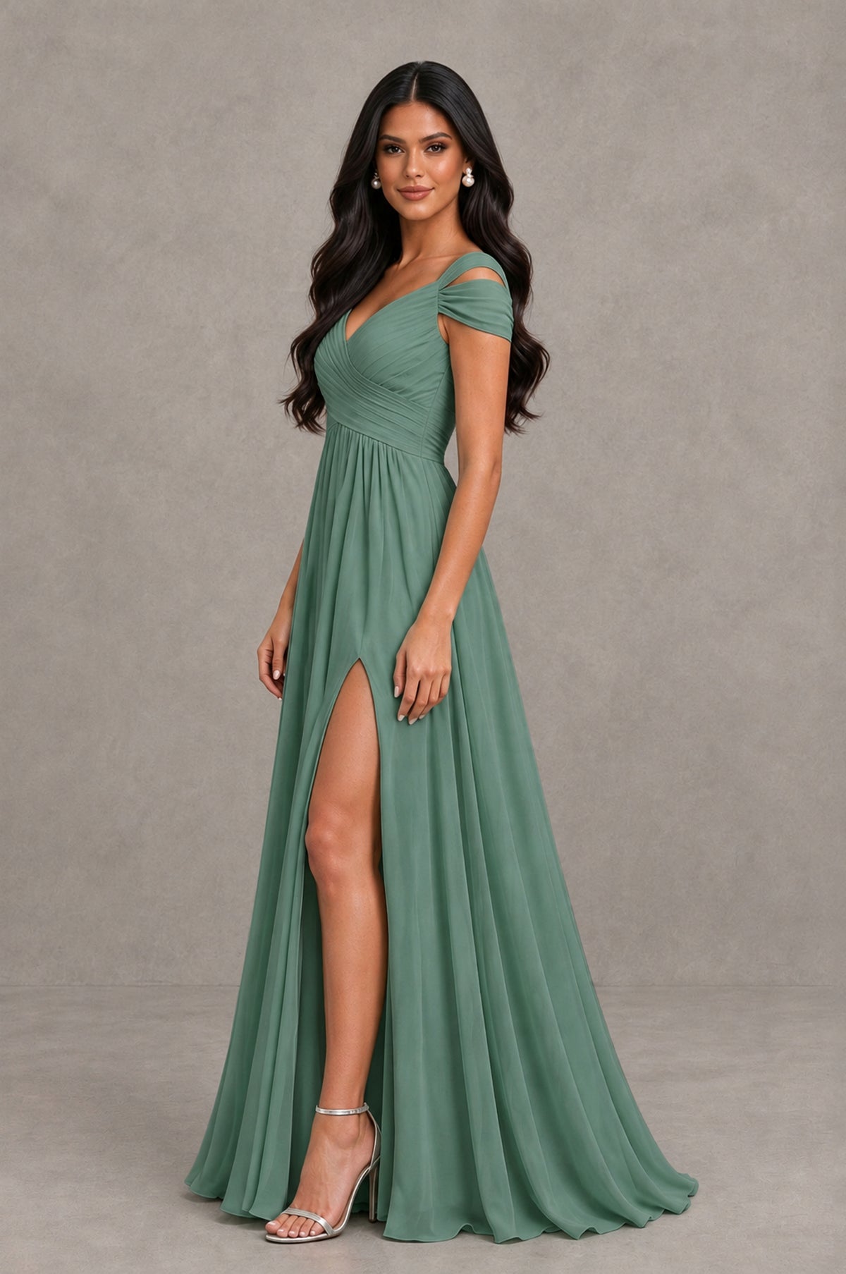 BOLODOO Eucalyptus Cold Shoulder Chiffon Evening Dress with V Neck and High Slit - Eucalyptus - Eucalyptus_4