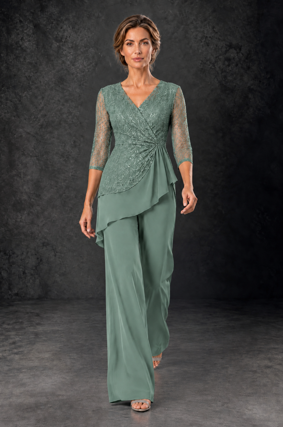BOLODOO Eucalyptus Sequin Lace 3/4 Sleeve Chiffon Mother of the Bride Pant Suit - Eucalyptus - Eucalyptus_4
