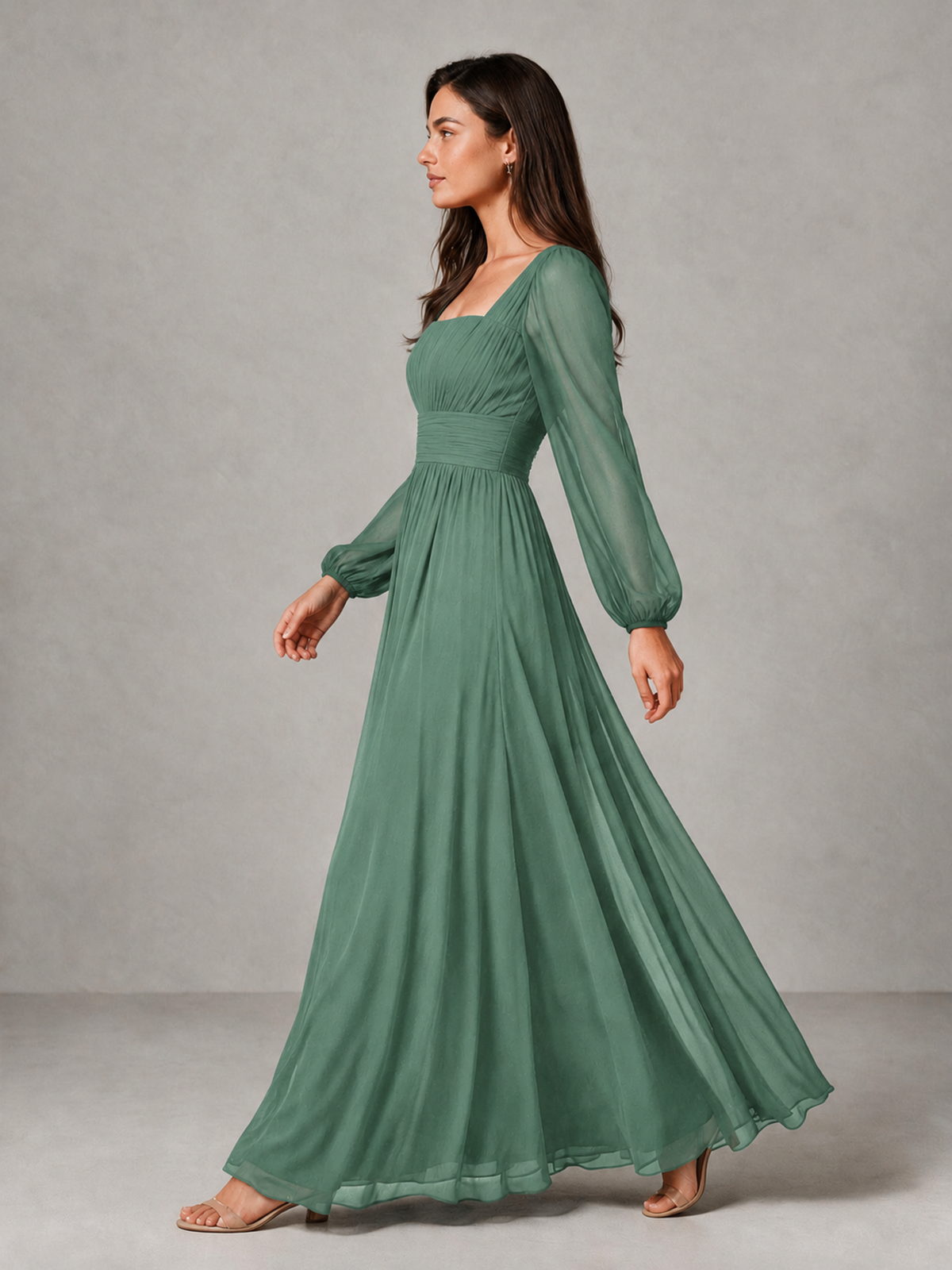BOLODOO Eucalyptus Square Neck Long Sleeve Chiffon Bridesmaid Dress - Eucalyptus - Eucalyptus_4