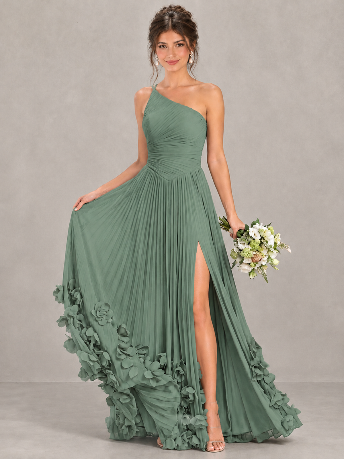 BOLODOO Eucalyptus One-Shoulder Pleated Bridesmaid Dress with 3D Floral Hem - Eucalyptus - Eucalyptus_4
