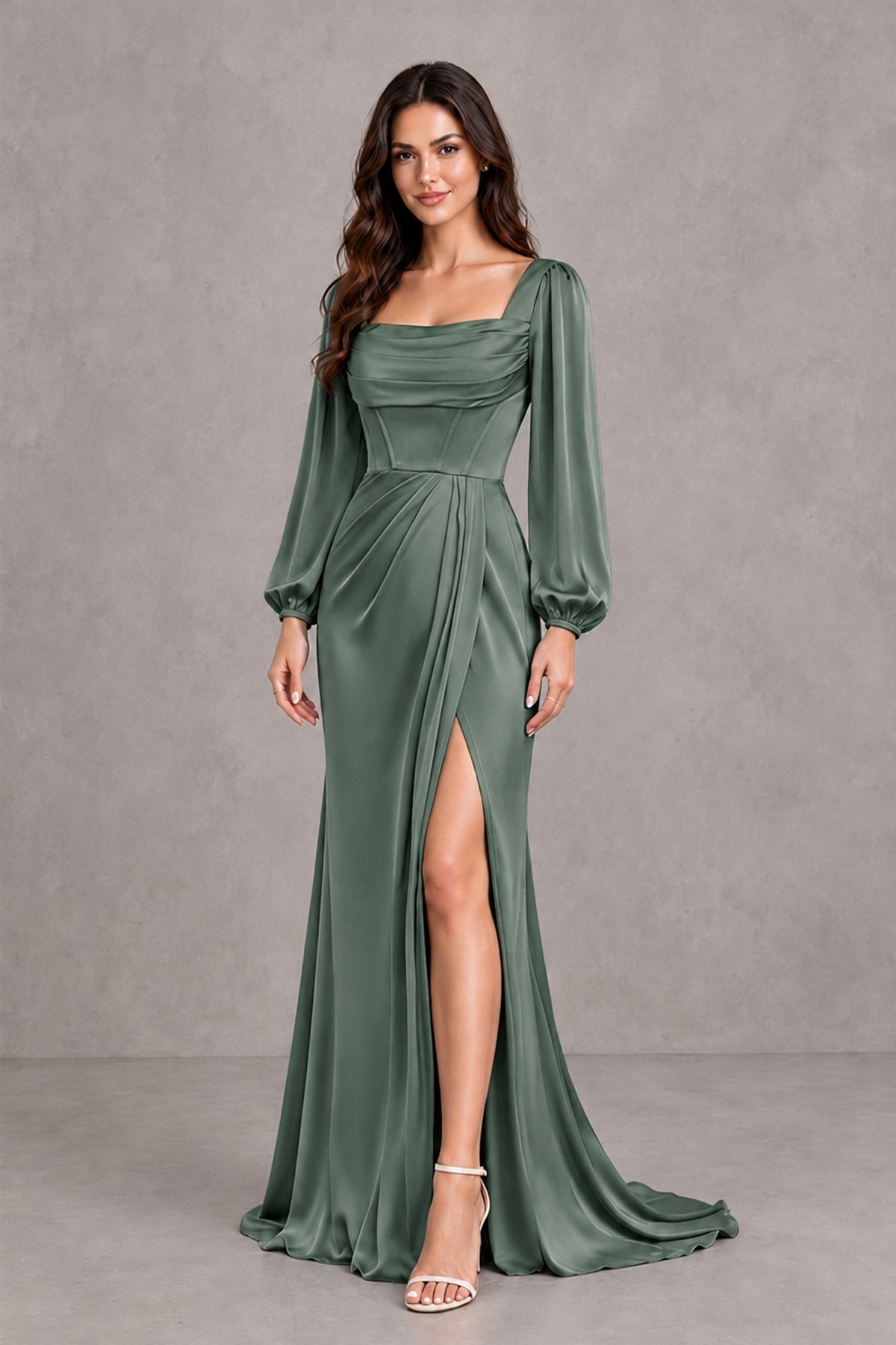 BOLODOO Eucalyptus Satin-Look Long Sleeve Evening Dress with High Slit - Eucalyptus - Eucalyptus_4
