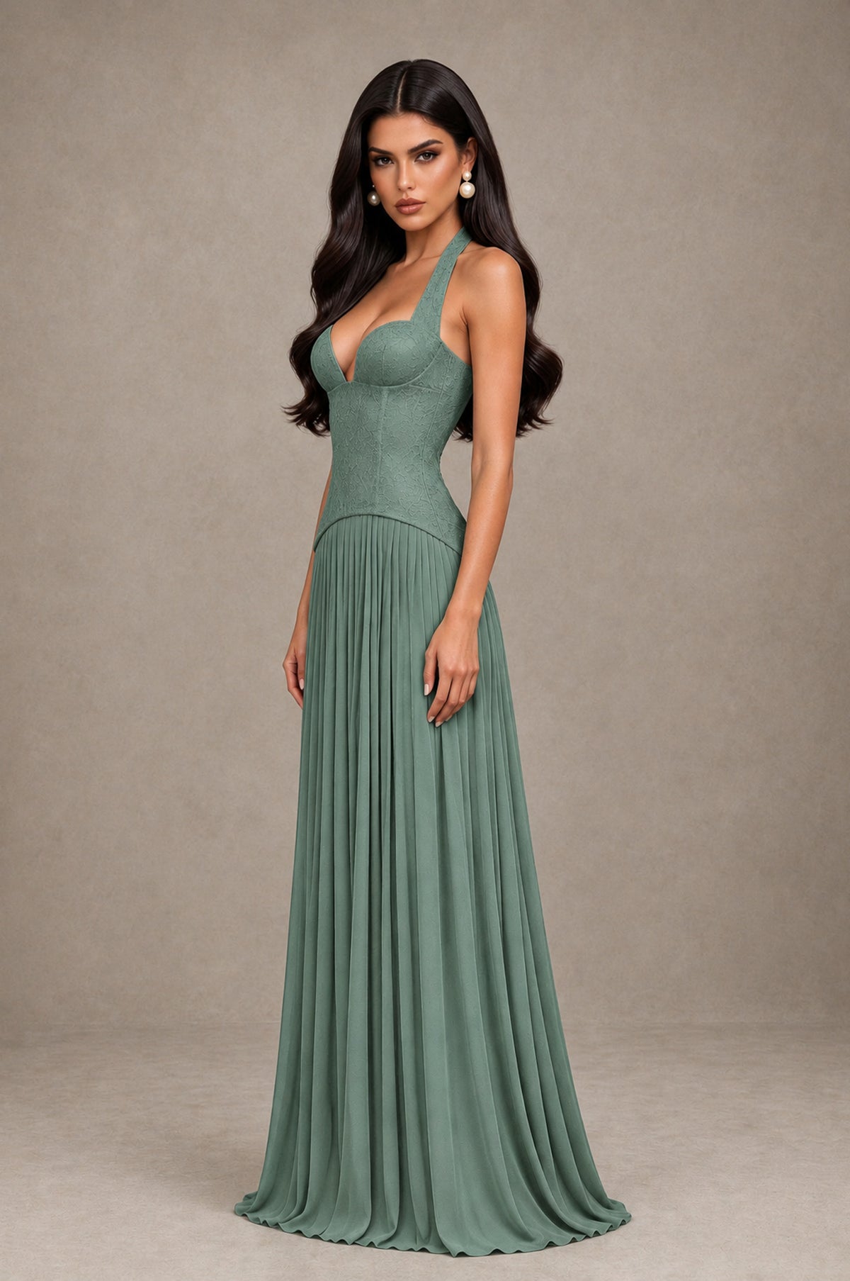 BOLODOO Eucalyptus Halter Corset Pleated A-Line Evening Dress - Eucalyptus - Eucalyptus_4