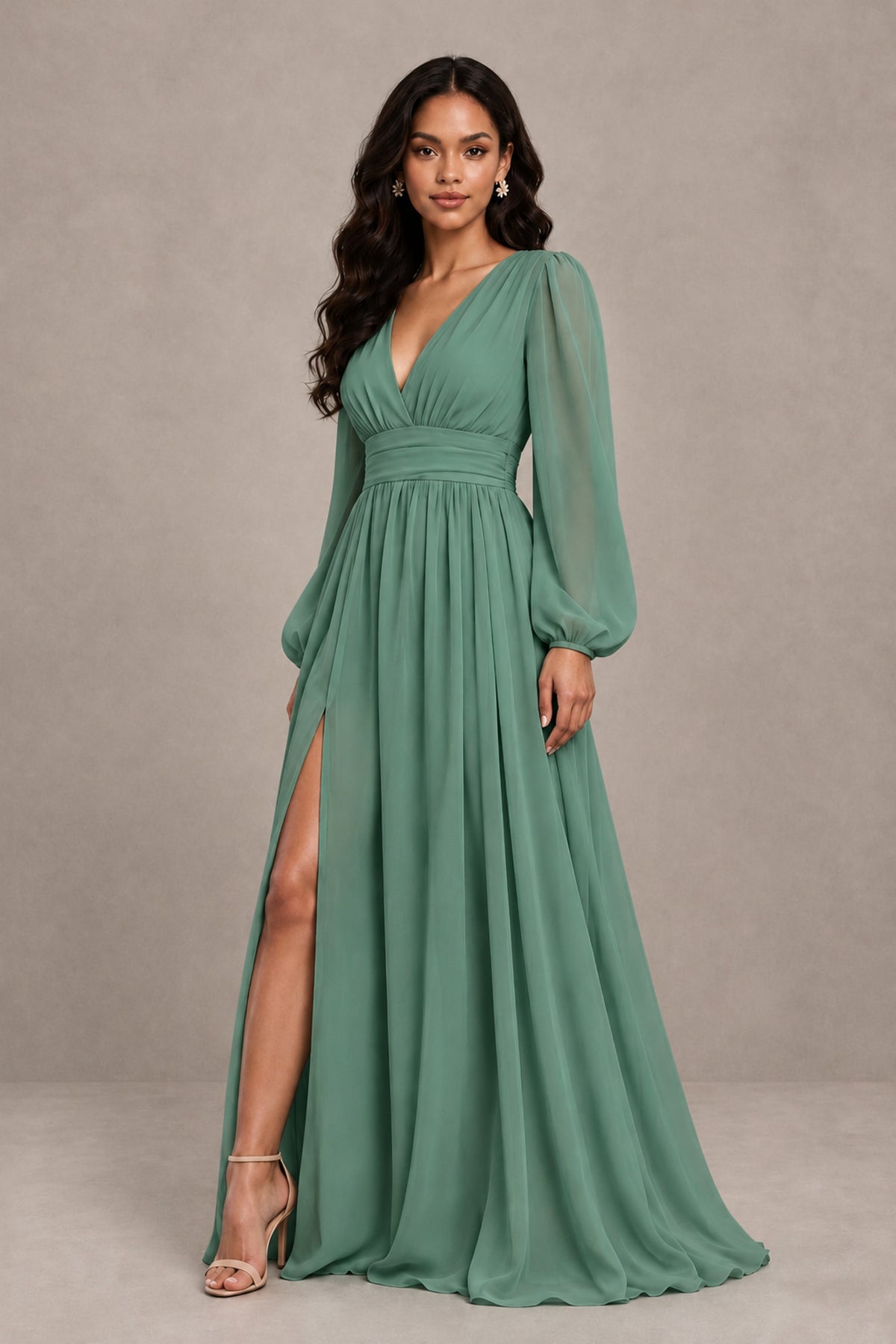 BOLODOO Eucalyptus Long Sleeve V-Neck A-Line Gown with Open Back & Slit - Eucalyptus - Eucalyptus_4
