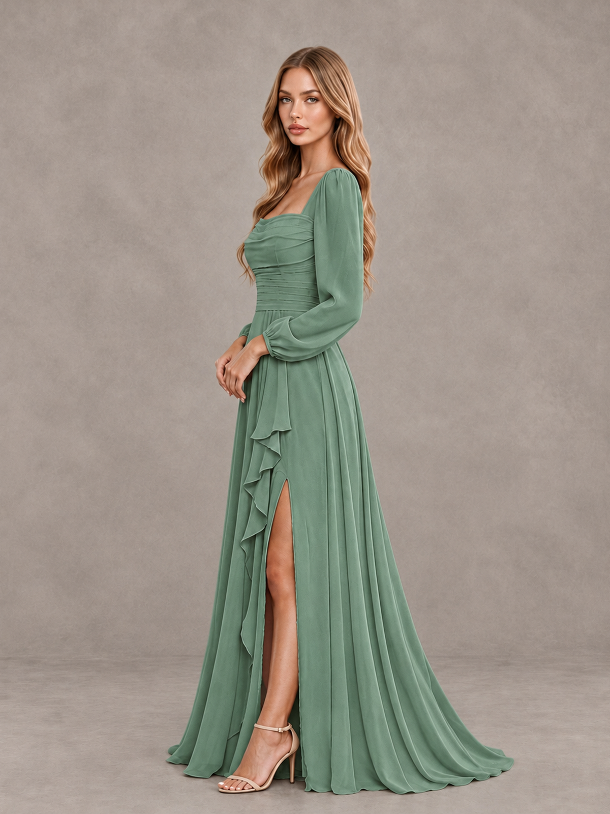 BOLODOO Eucalyptus Square Neck Long Sleeve Bridesmaid Dress with Ruffle Slit - Eucalyptus - Eucalyptus_4