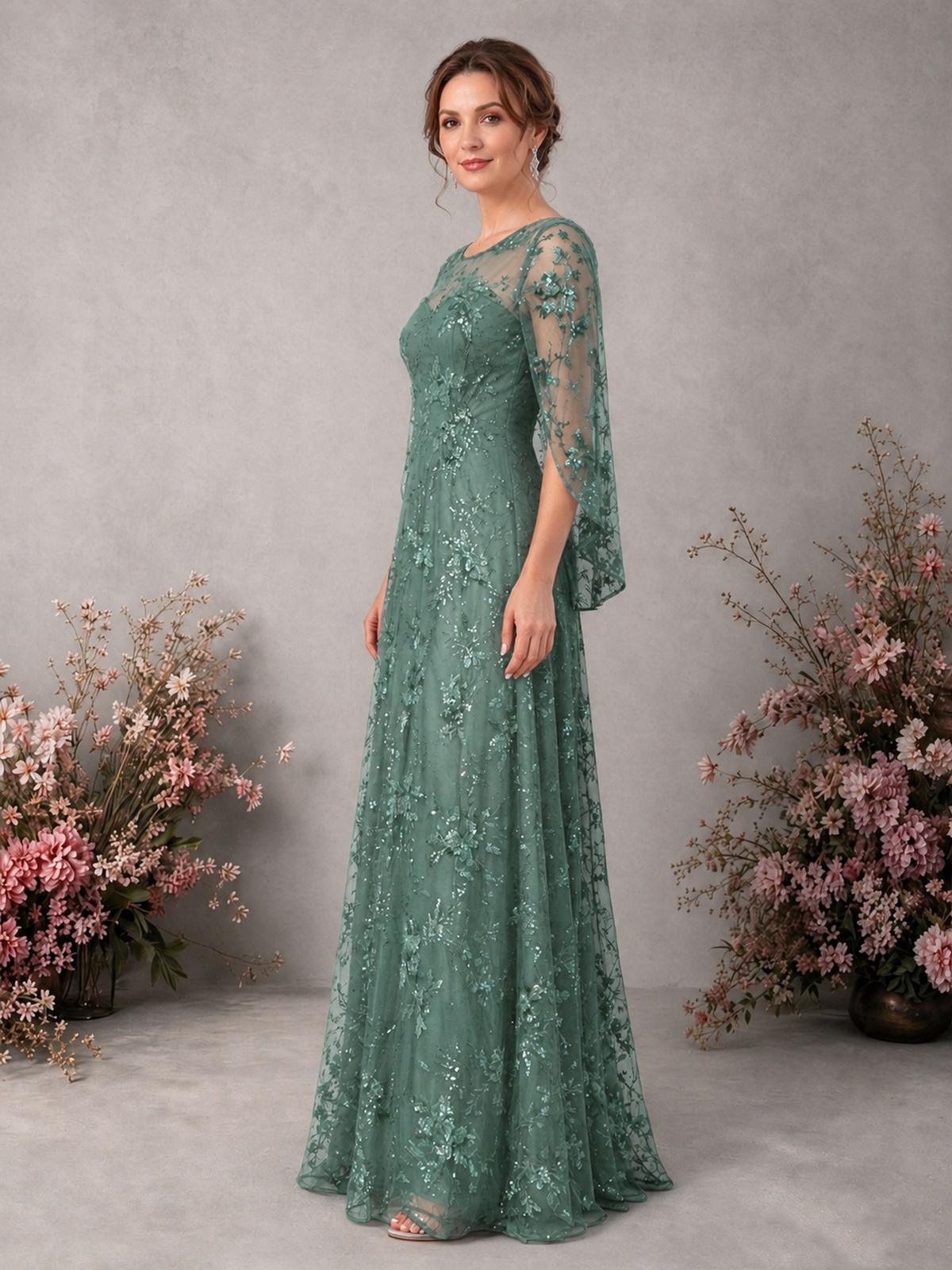 BOLODOO Eucalyptus Sequin Lace Cape Sleeve Formal Evening Gown - Eucalyptus - Eucalyptus_4