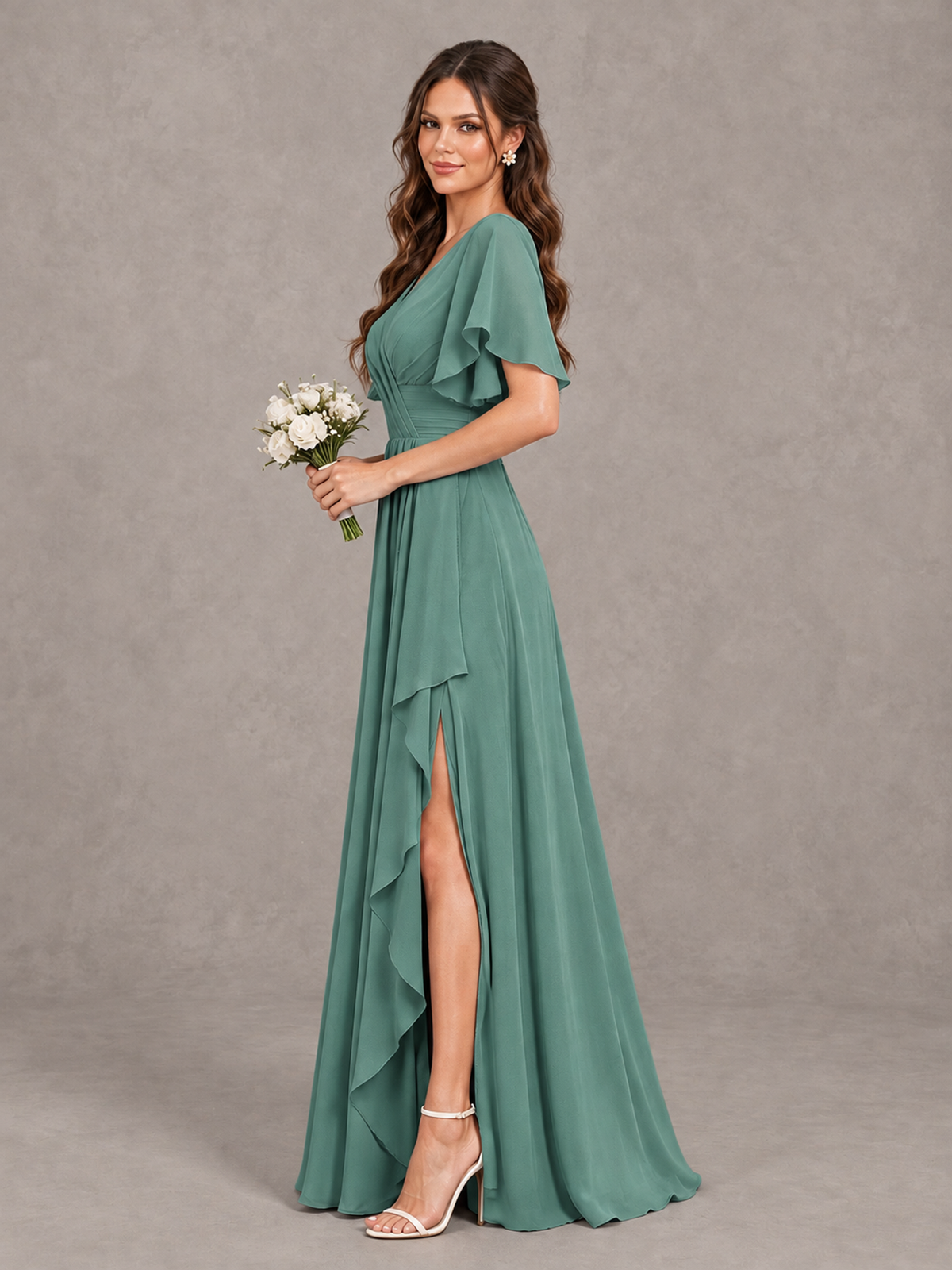 BOLODOO Eucalyptus Flutter Sleeve V-Neck Bridesmaid Dress with Ruffle Slit - Eucalyptus - Eucalyptus_4