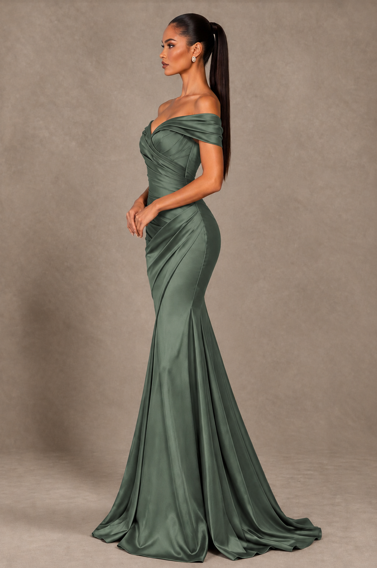 BOLODOO Eucalyptus Off-the-Shoulder Ruched Satin Mermaid Evening Dress - Eucalyptus - Eucalyptus_4