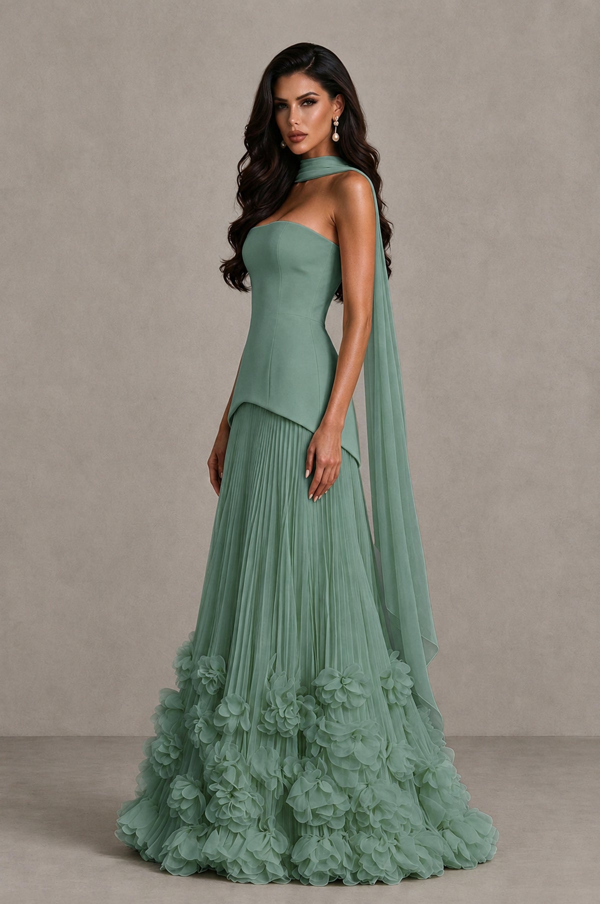 BOLODOO Eucalyptus Strapless Pleated Floral Hem Evening Gown - Eucalyptus - Eucalyptus_4