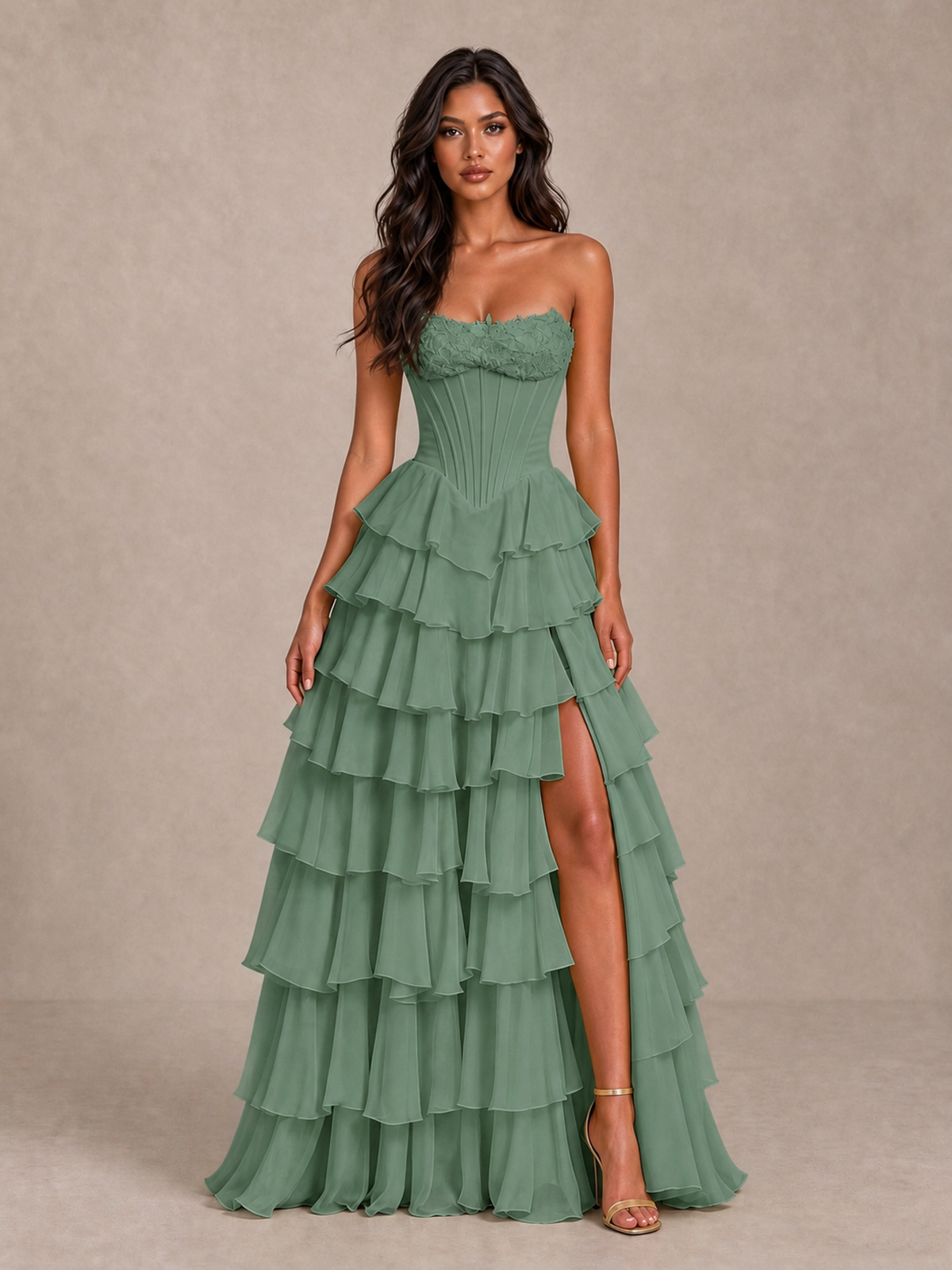 BOLODOO Eucalyptus Strapless Corset Tiered Ruffle Prom Dress with High Slit - Eucalyptus - Eucalyptus_4