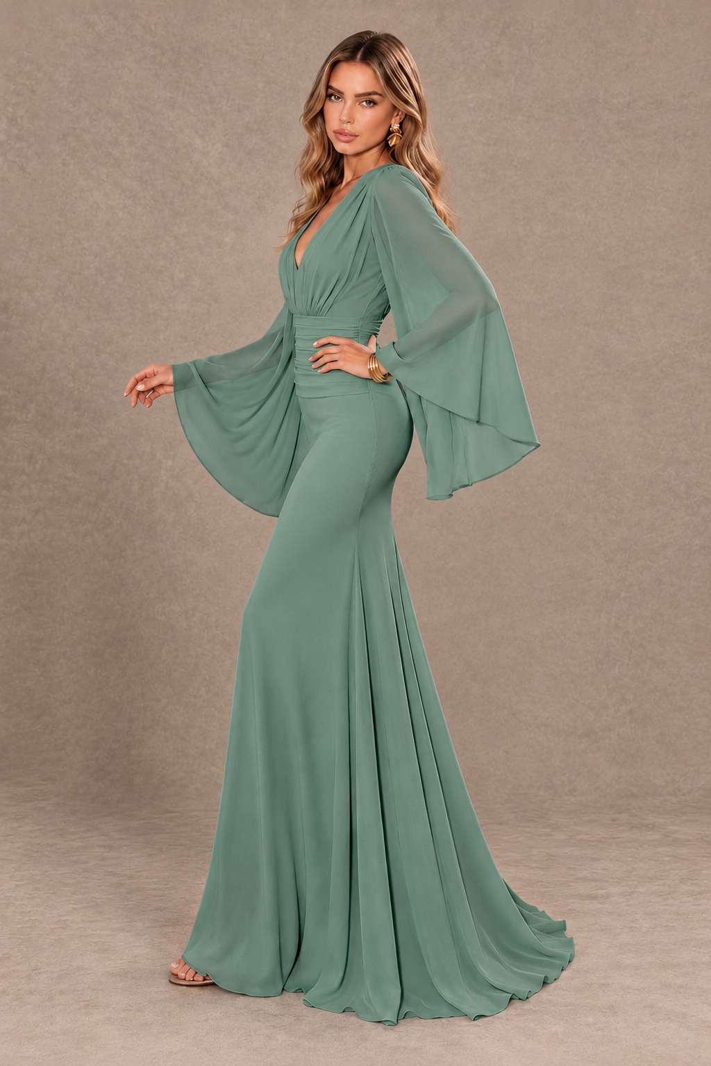 BOLODOO Eucalyptus Cape Sleeve V-Neck Ruched Chiffon Evening Dress - Eucalyptus - Eucalyptus_4