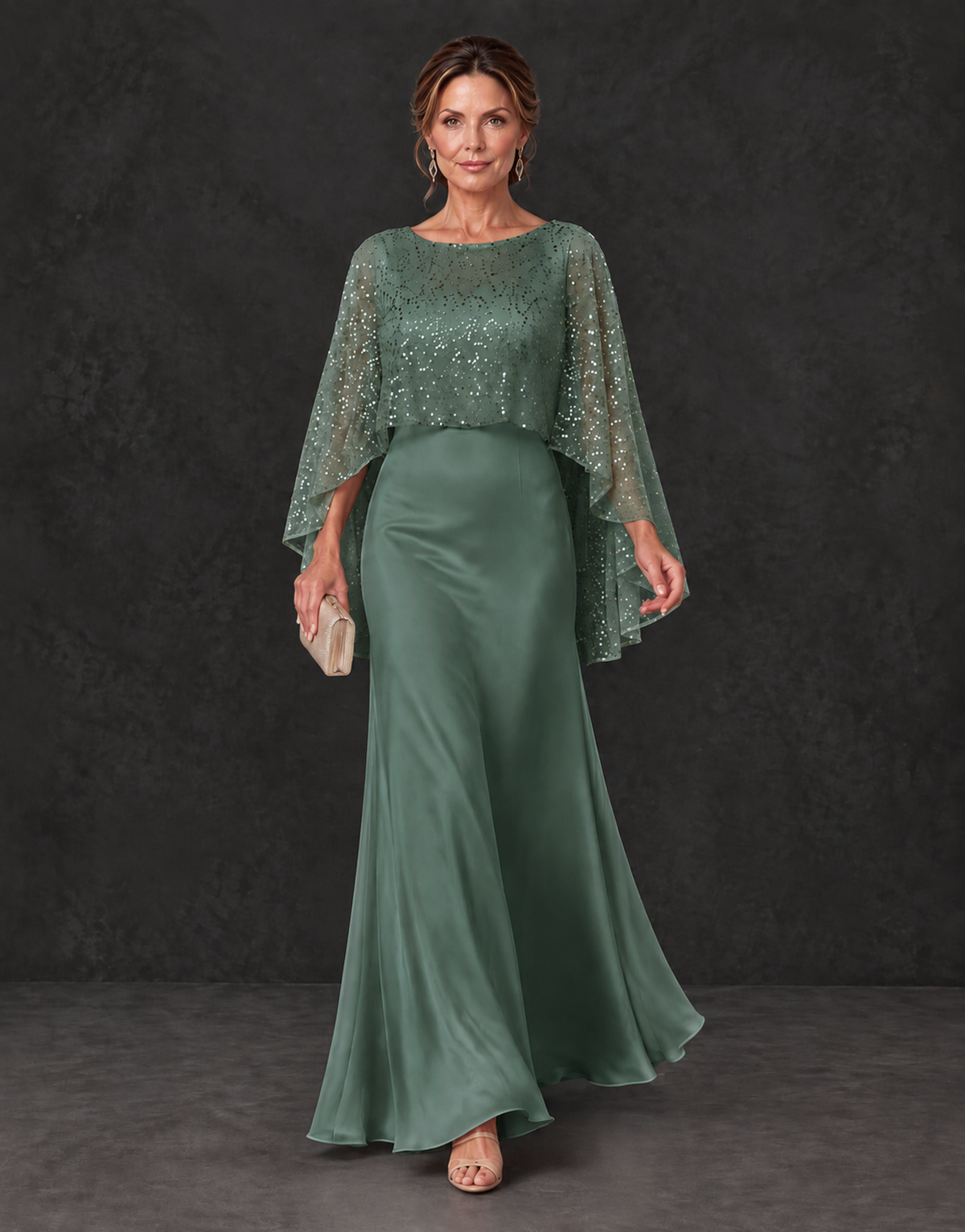 BOLODOO Eucalyptus Sparkle Cape Sleeve Mother of the Bride Dress - Eucalyptus - Eucalyptus_4