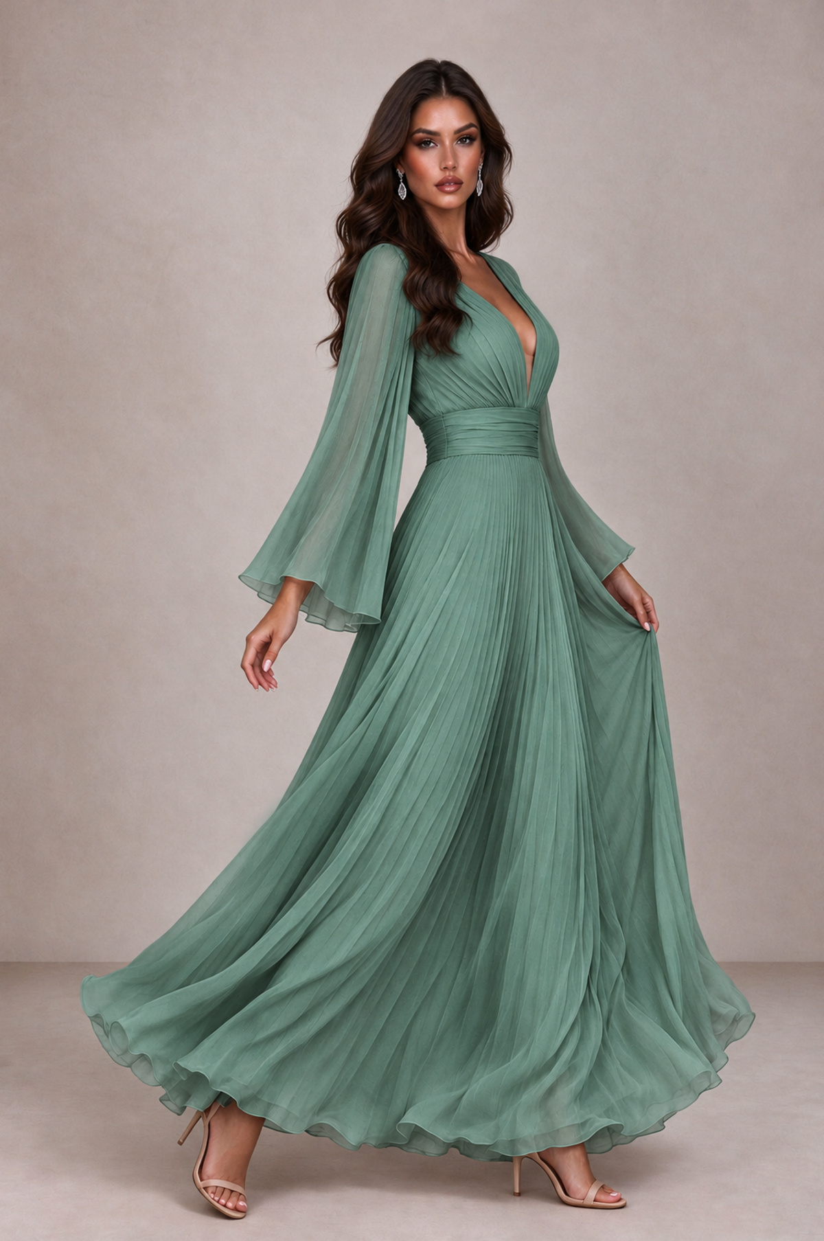 BOLODOO Eucalyptus Pleated Deep V-Neck Long Bell Sleeve Evening Dress - Eucalyptus - Eucalyptus_4