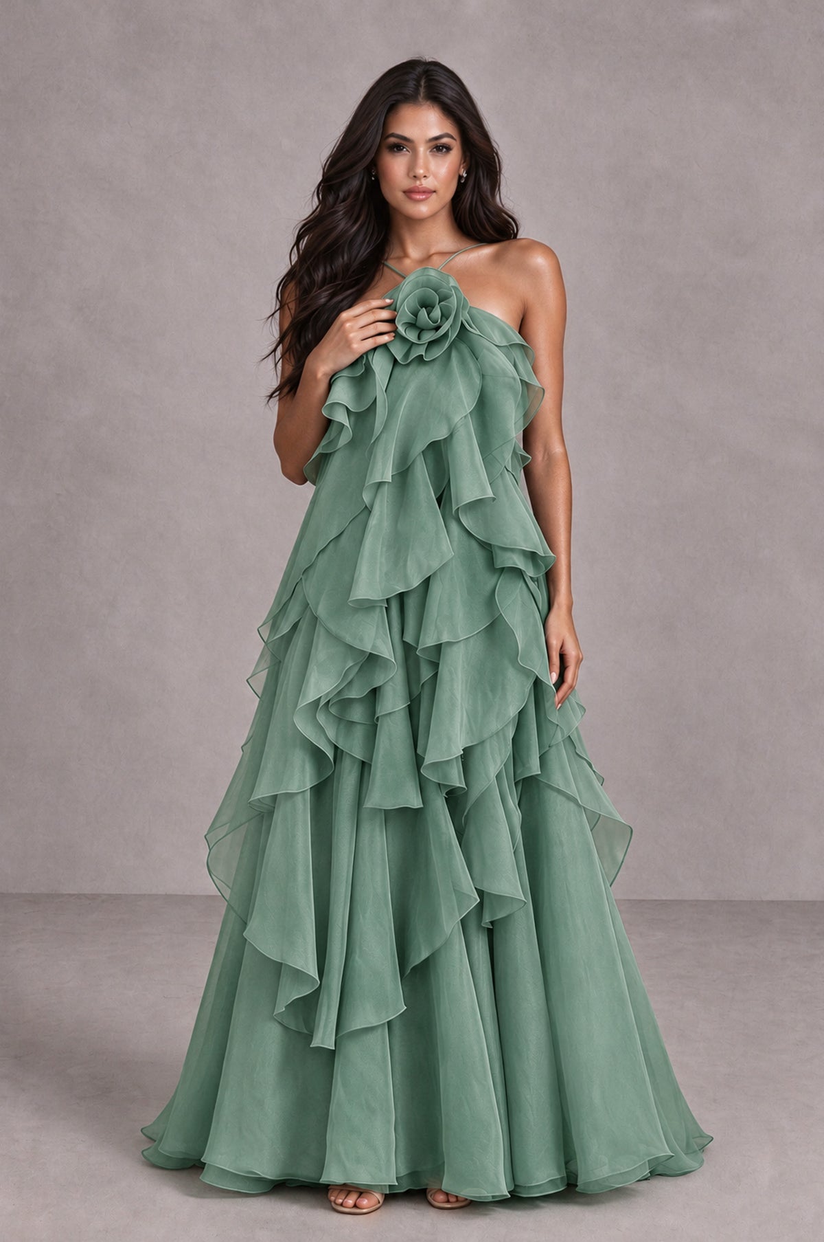 BOLODOO Eucalyptus Cascading Ruffle Rosette Open-Back Maxi Dress - Eucalyptus - Eucalyptus_4