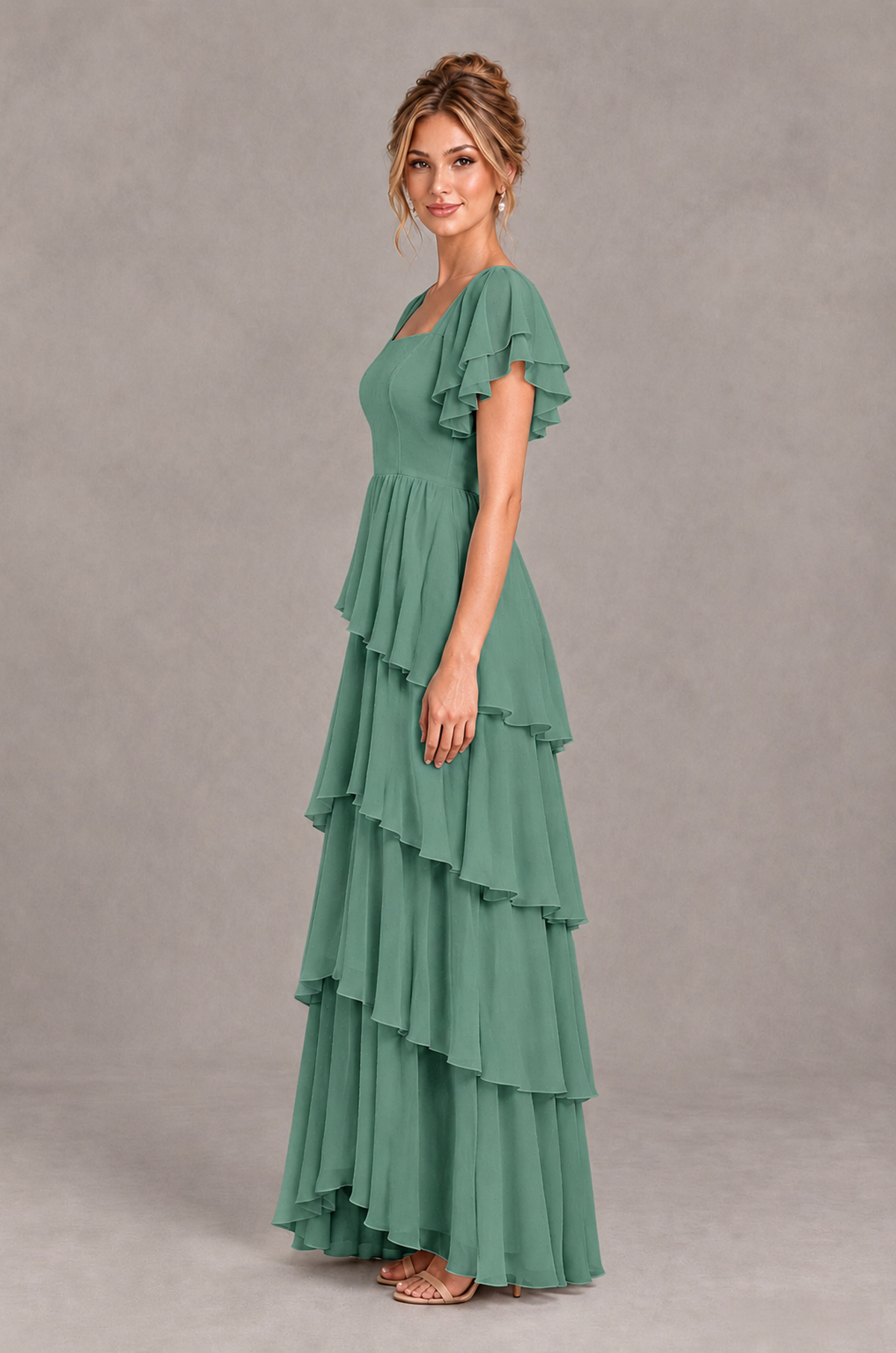BOLODOO Eucalyptus Square Neck Flutter Sleeve Tiered Chiffon Bridesmaid Dress with Lace-Up Back - Eucalyptus - Eucalyptus_4