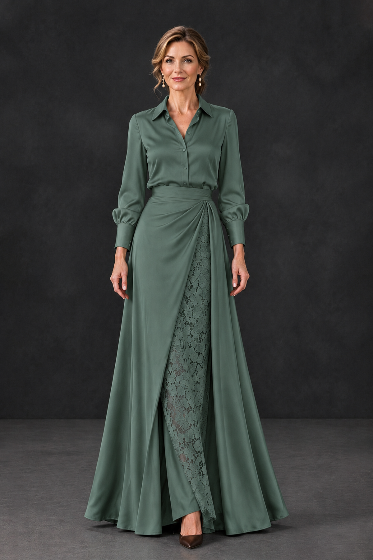 BOLODOO Eucalyptus Long Sleeve Satin-Look Lace Panel Gown - Eucalyptus - Eucalyptus_4