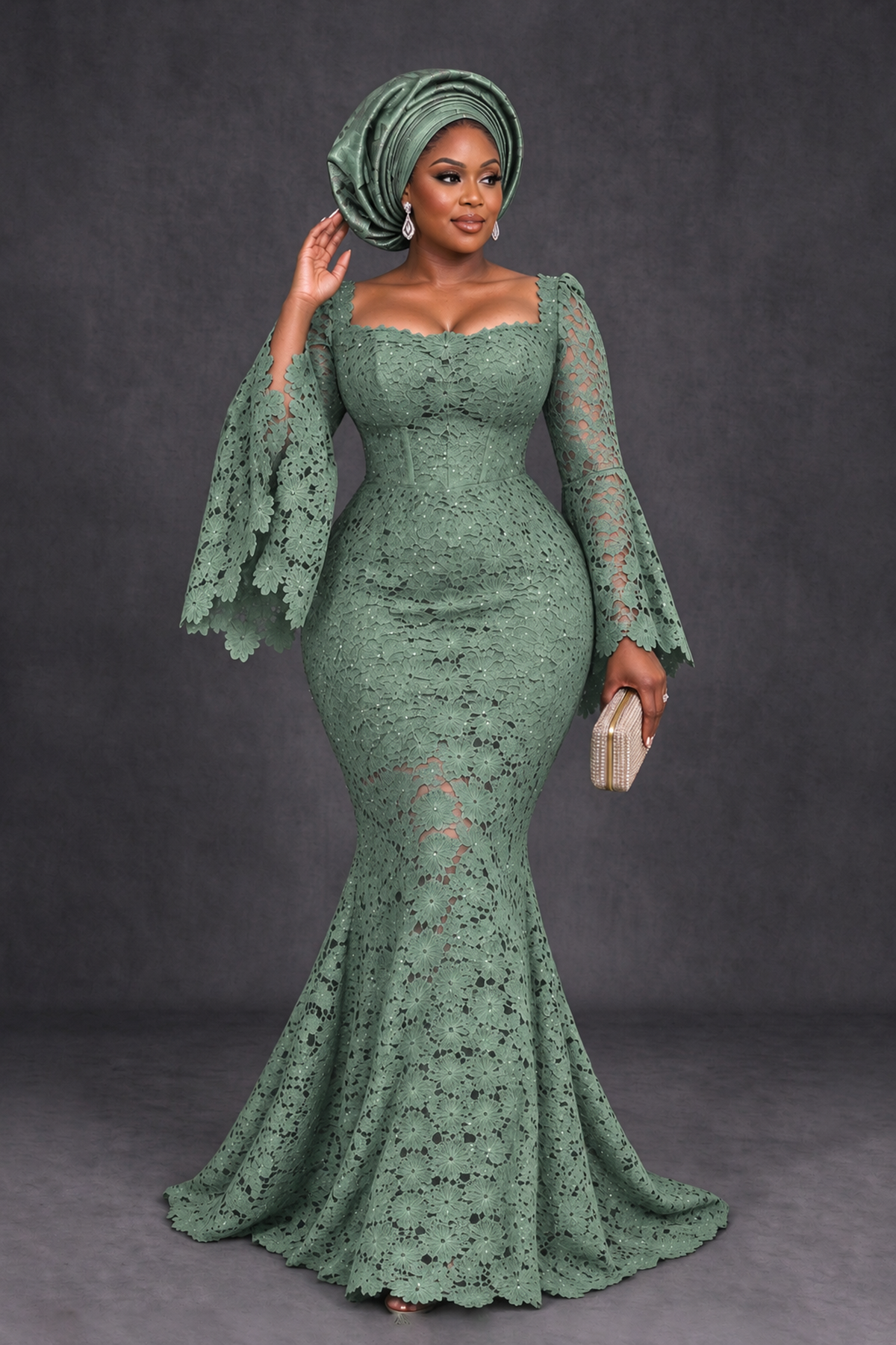 BOLODOO Eucalyptus African Lace Mermaid Dress, Plus Size Nigerian Wedding Guest Gown with Bell Sleeves - Eucalyptus - Eucalyptus_4