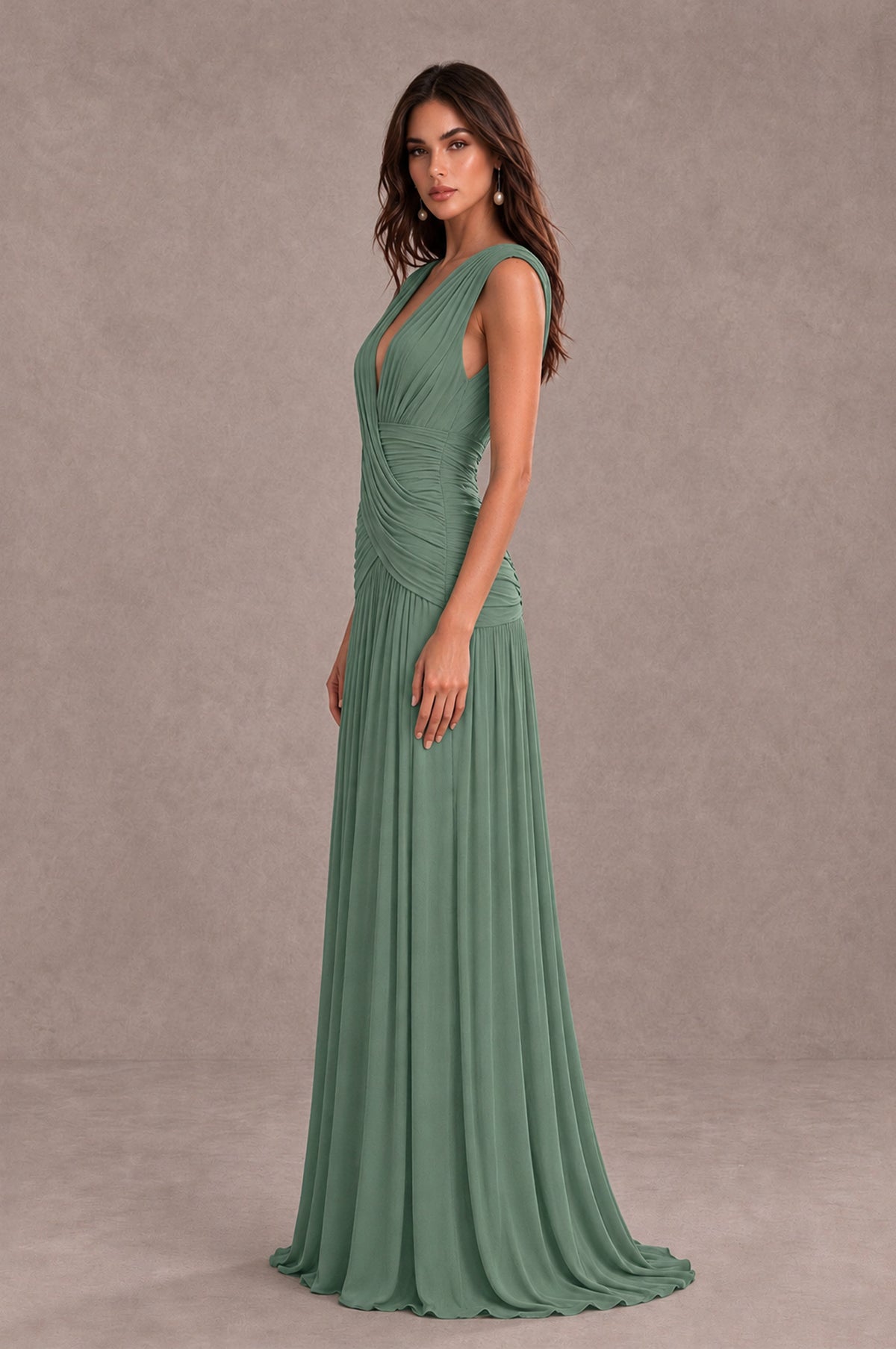 BOLODOO Eucalyptus V-Neck Ruched Wedding Guest Dress - Eucalyptus - Eucalyptus_4