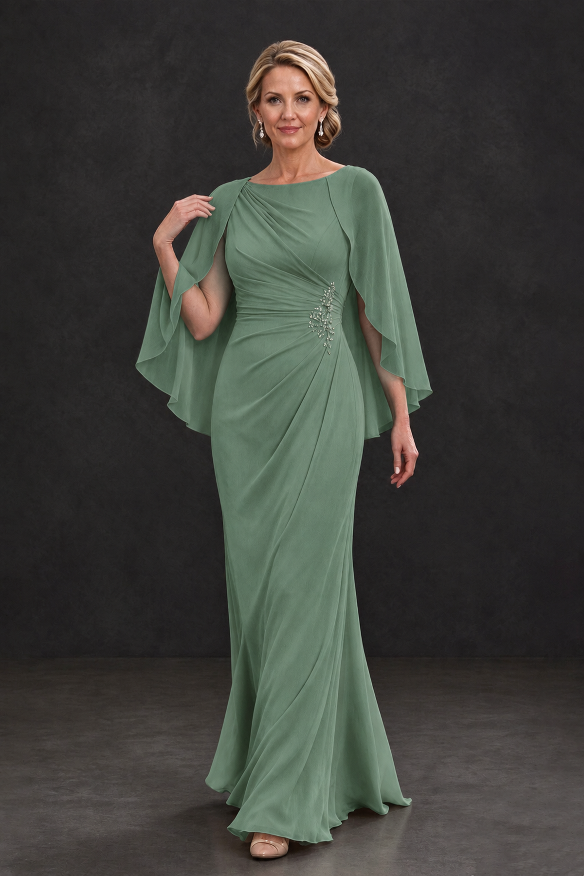 BOLODOO Eucalyptus Cape Sleeve Mother of the Bride Dress with Ruched Waist - Eucalyptus - Eucalyptus_4