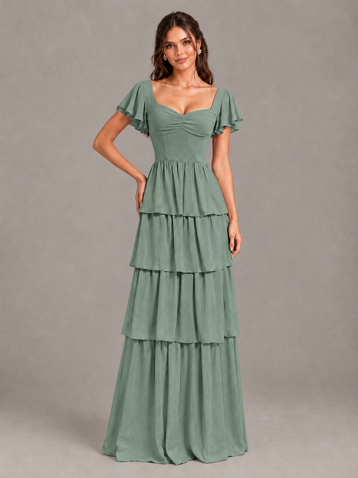 BOLODOO Eucalyptus Flutter Sleeve Tiered Maxi Bridesmaid Dress - Eucalyptus - Eucalyptus_4