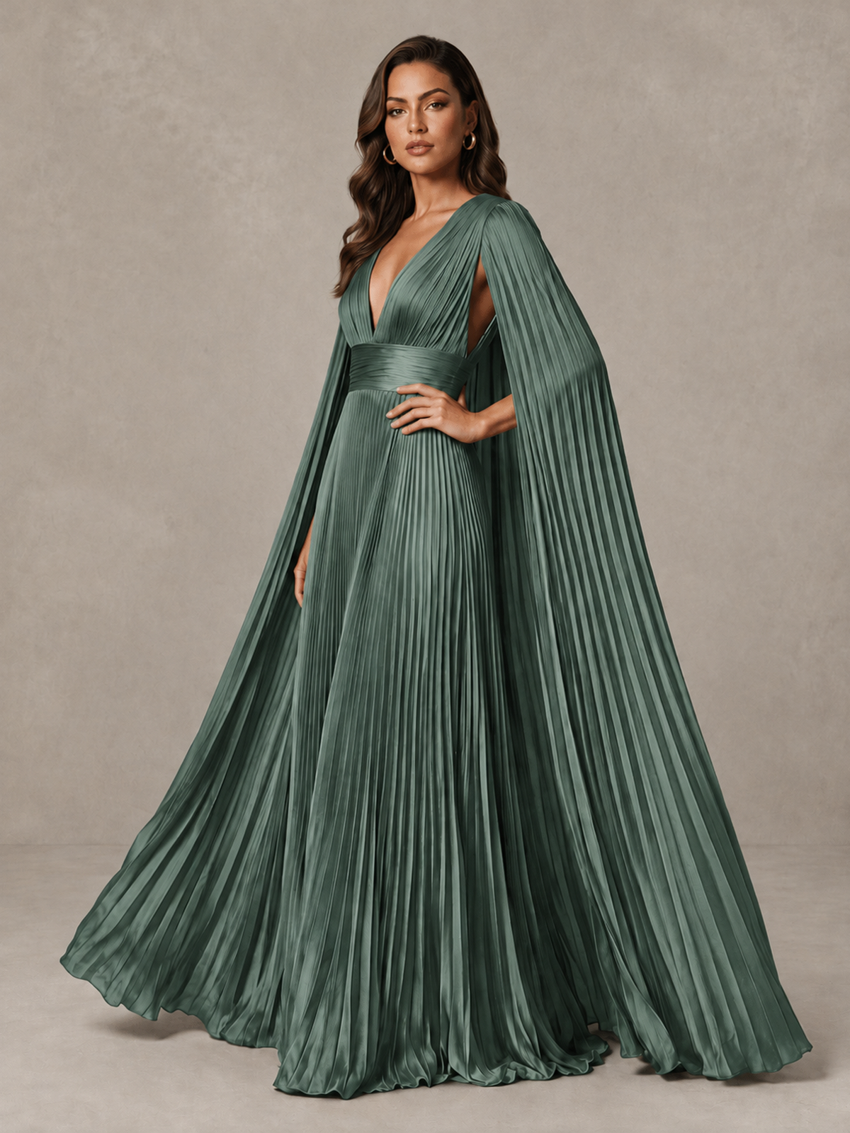 BOLODOO Eucalyptus Deep V-Neck Pleated Cape Sleeve Evening Gown - Eucalyptus - Eucalyptus_4