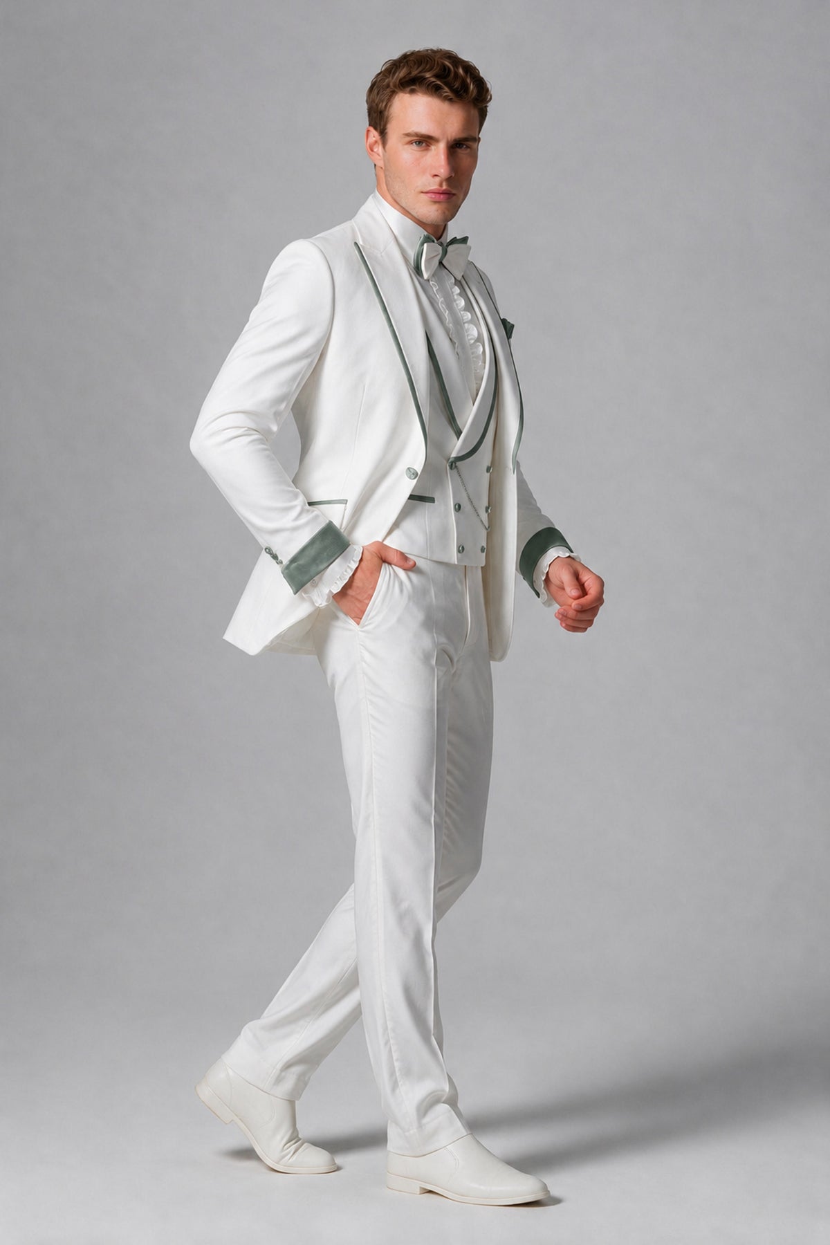 Bolodoo Men's White and Eucalyptus Three-Piece Wedding Tuxedo Suit - Eucalyptus - Eucalyptus_4