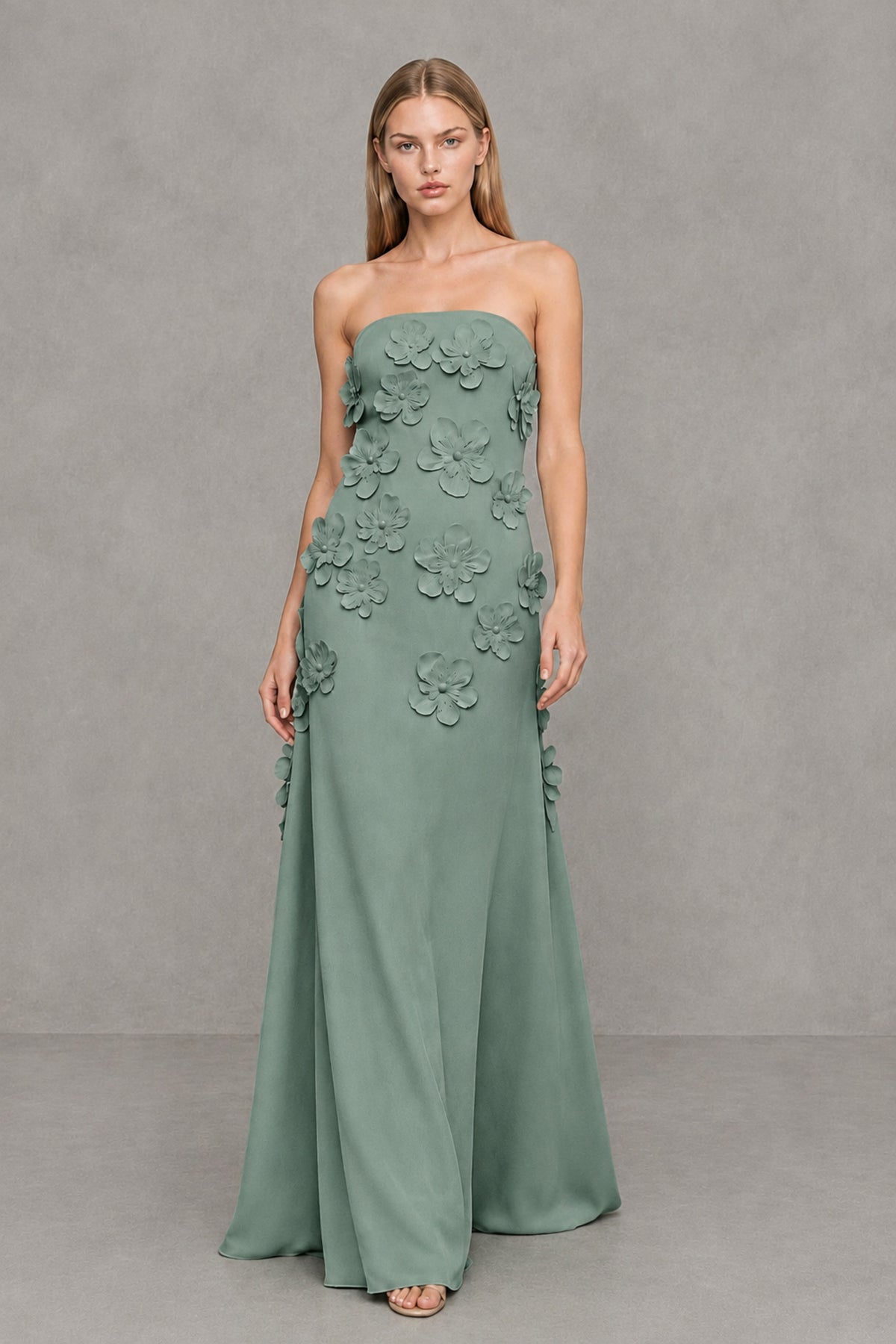 BOLODOO Eucalyptus Strapless 3D Floral Appliqué Crepe Maxi Gown - Eucalyptus - Eucalyptus_4