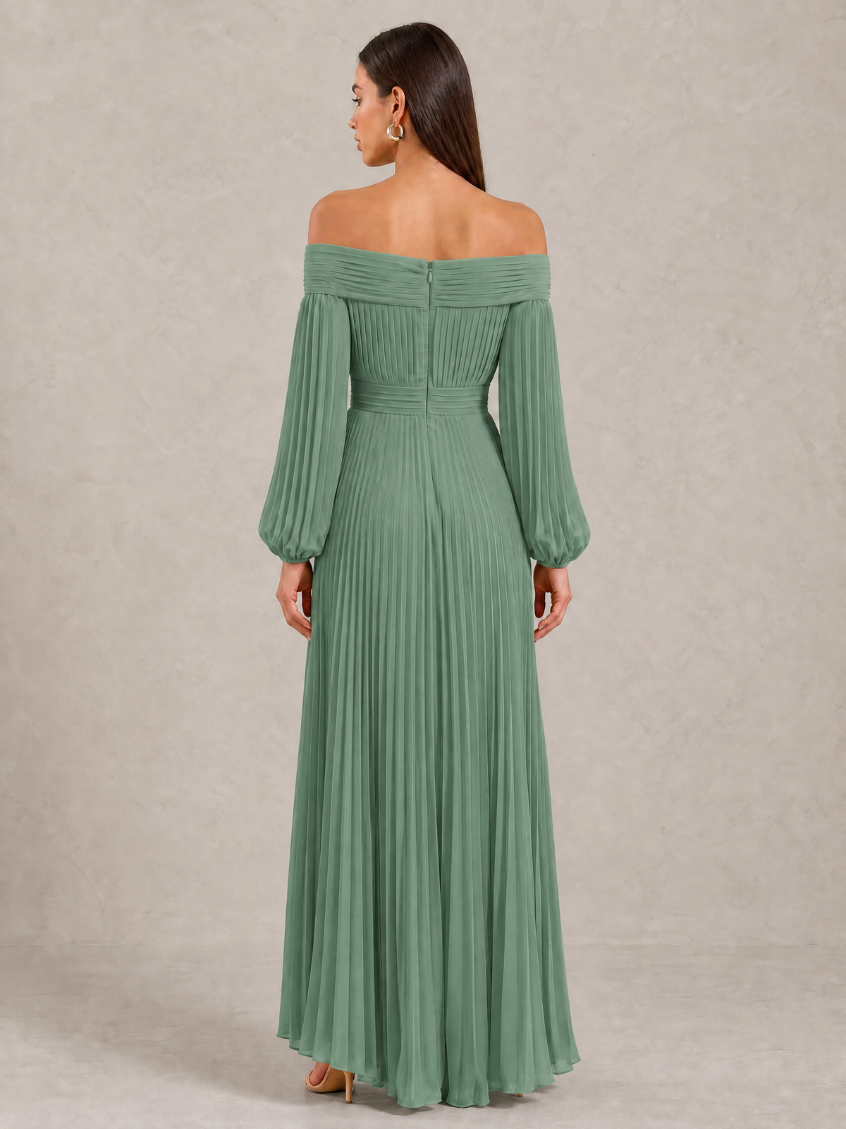 BOLODOO Eucalyptus Off-Shoulder Long Sleeve Pleated High-Low Dress - Eucalyptus - Eucalyptus_4