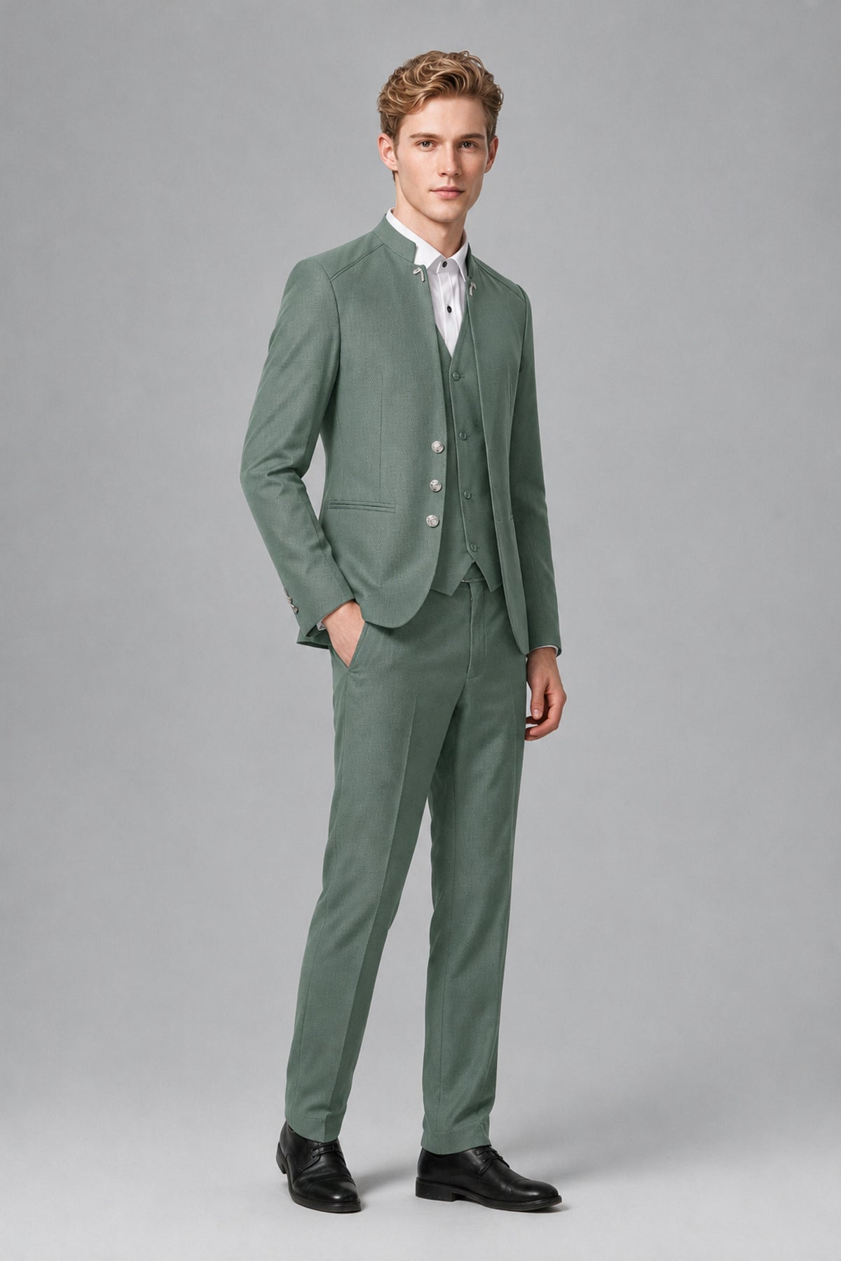 Bolodoo Men's Eucalyptus Mandarin Collar 3-Piece Suit – Jacket, Vest & Trousers - Eucalyptus - Eucalyptus_4