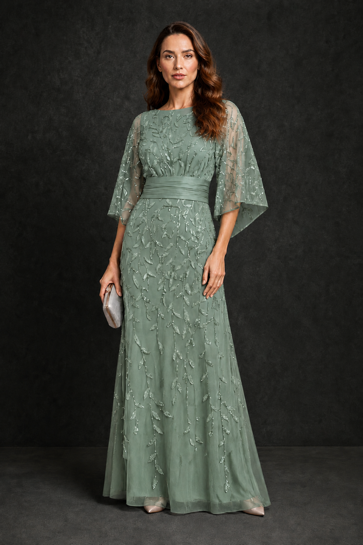 BOLODOO Eucalyptus Bateau Neck Bell Sleeve Sequin Embroidered Satin Waist A-Line Maxi Dress - Eucalyptus - Eucalyptus_4
