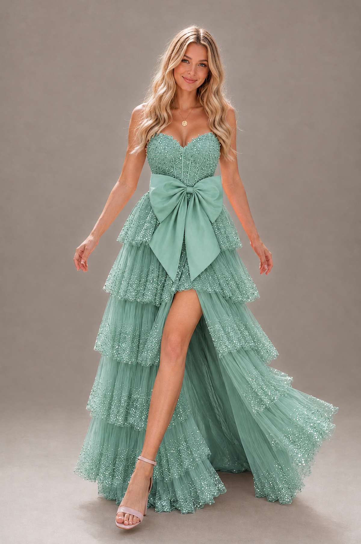 BOLODOO Eucalyptus Strapless Tiered Tulle Prom Dress with Bow - Eucalyptus - Eucalyptus_4