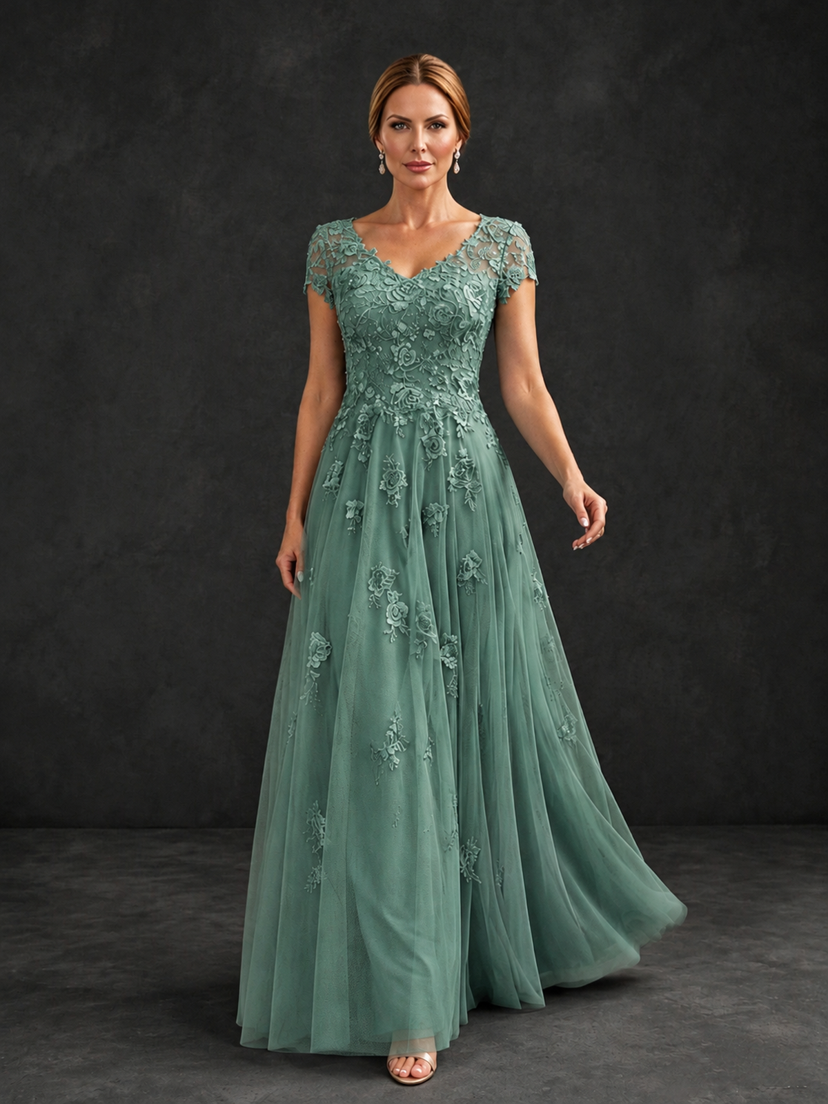 BOLODOO Eucalyptus Cap Sleeve Lace Appliqué A-Line Formal Gown | Mother of the Bride Dress - Eucalyptus - Eucalyptus_4