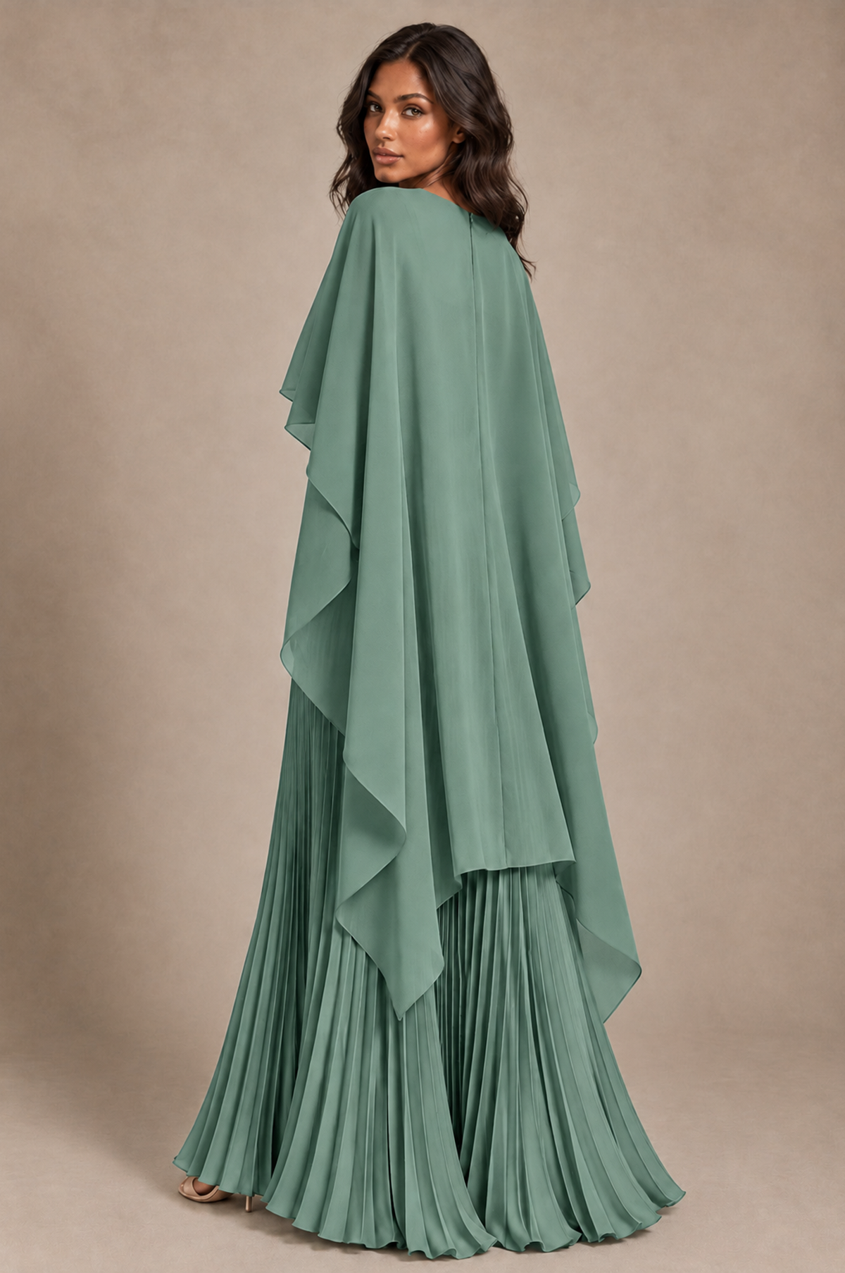 BOLODOO Eucalyptus Pleated Cape A-Line Evening Dress - Eucalyptus - Eucalyptus_4