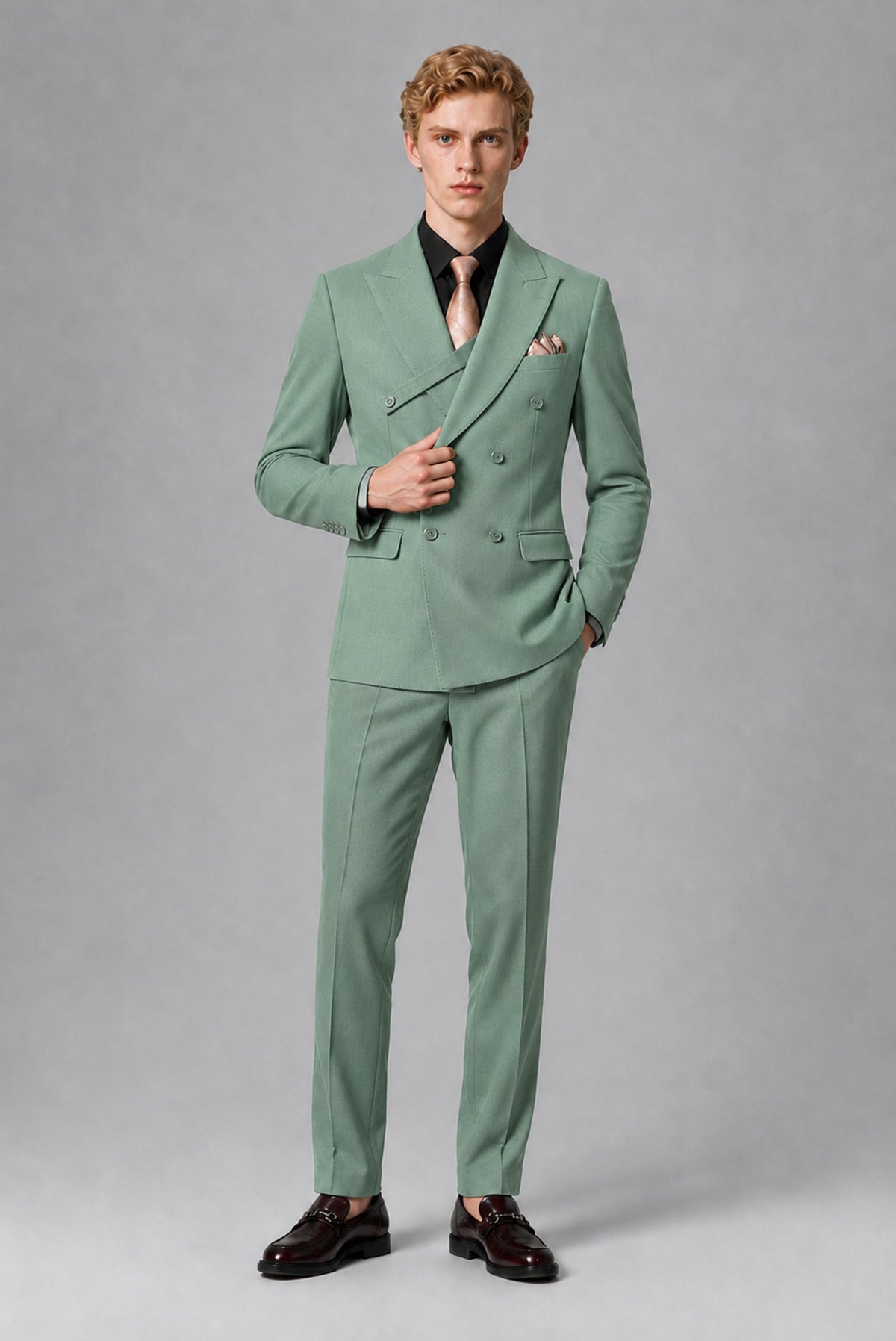 BOLODOO Men's Eucalyptus Double-Breasted Two-Piece Suit – Jacket & Trousers - Eucalyptus