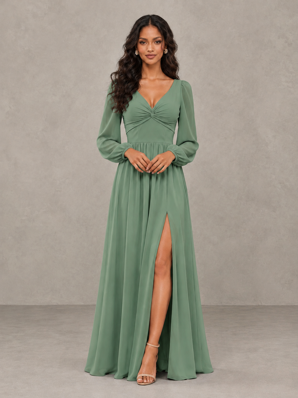 BOLODOO Eucalyptus V-Neck Long Sleeve Bridesmaid Dress with Tie Back and Slit - Eucalyptus - Eucalyptus_5