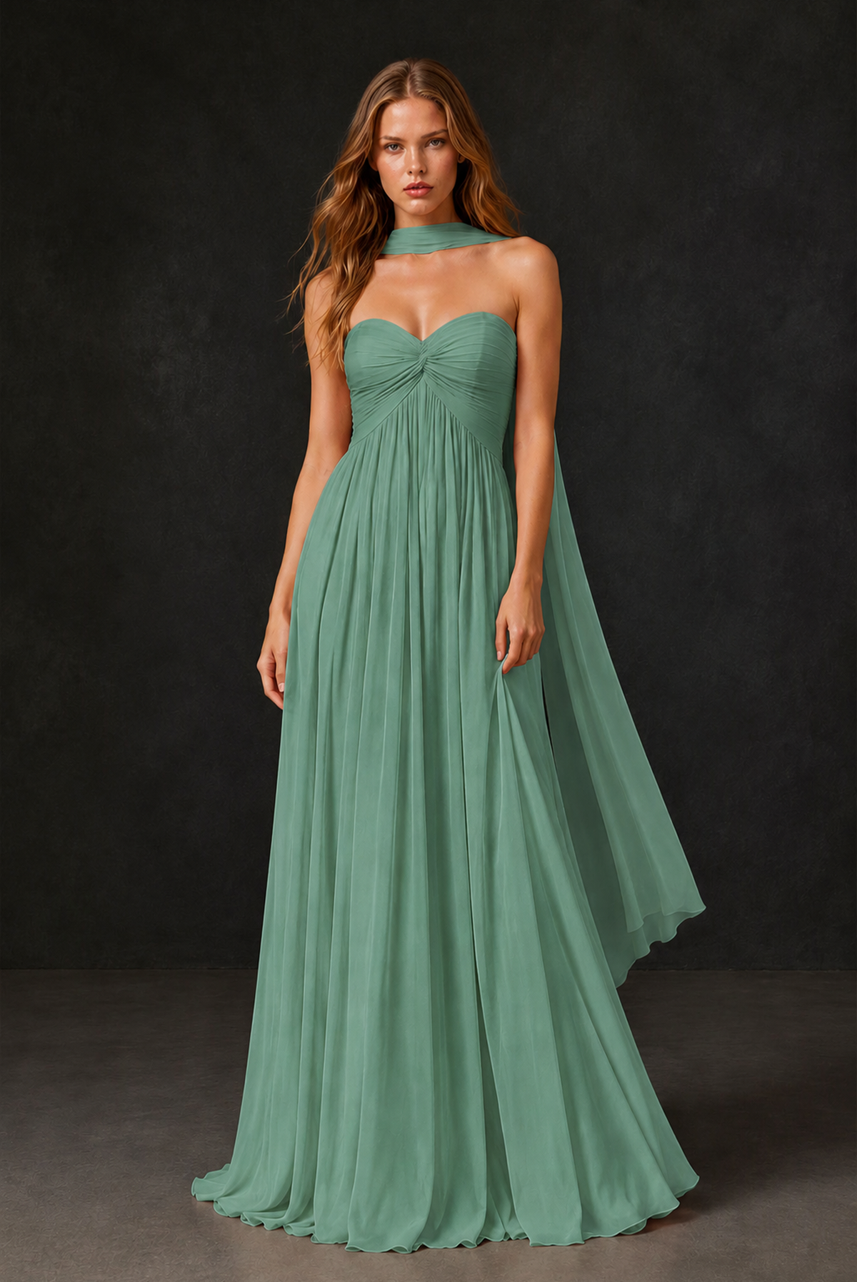 BOLODOO Eucalyptus Sweetheart Strapless Twist Knot Detached Halter Scarf Lace-Up Back Empire Waist Chiffon Maxi Dress - Eucalyptus