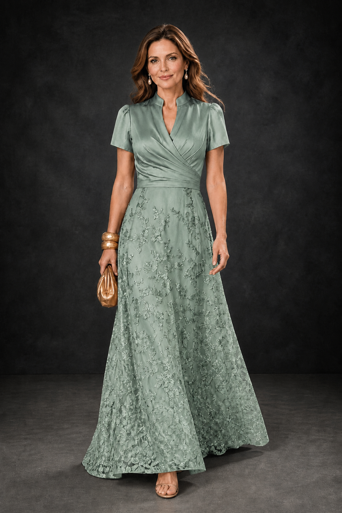 BOLODOO Eucalyptus Satin Wrap V-Neck Short Sleeve Lace Glitter A-Line Floor Length Evening Gown – Formal Dress - Eucalyptus - Eucalyptus (1)