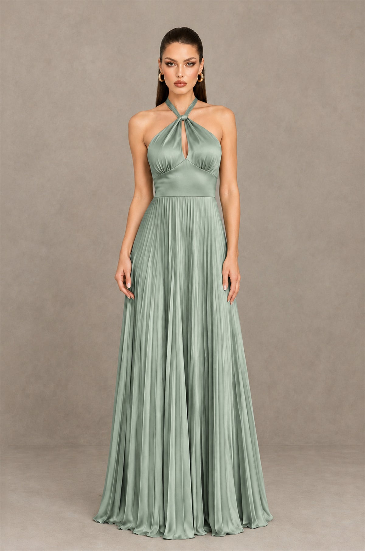 BOLODOO Eucalyptus Halter Pleated A-Line Evening Dress - Eucalyptus