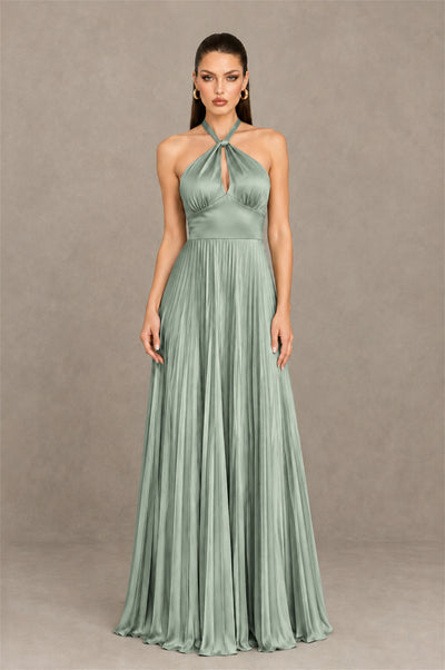 BOLODOO Eucalyptus Halter Pleated A-Line Evening Dress - Eucalyptus