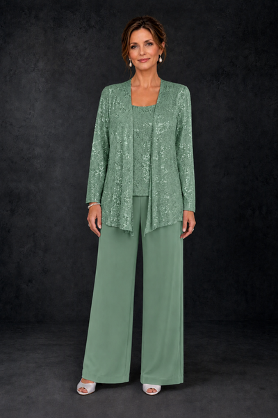 BOLODOO Eucalyptus Sequin Lace 3-Piece Pant Suit with Long Sleeve Jacket - Eucalyptus - Eucalyptus (1)
